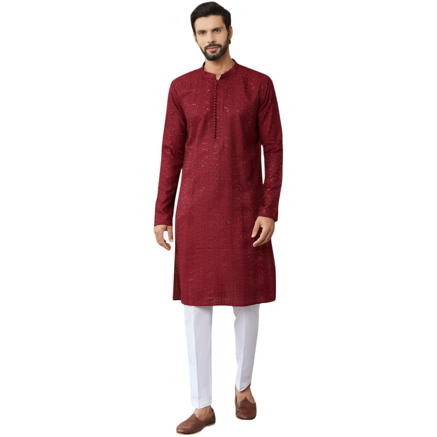 See Designs Men's Long Sleeve Mandarin Collar Side Slit Dark Maroon Embroidered Thread Work Sequinned Chanderi Silk Straight Kurta - Sdkt2514S