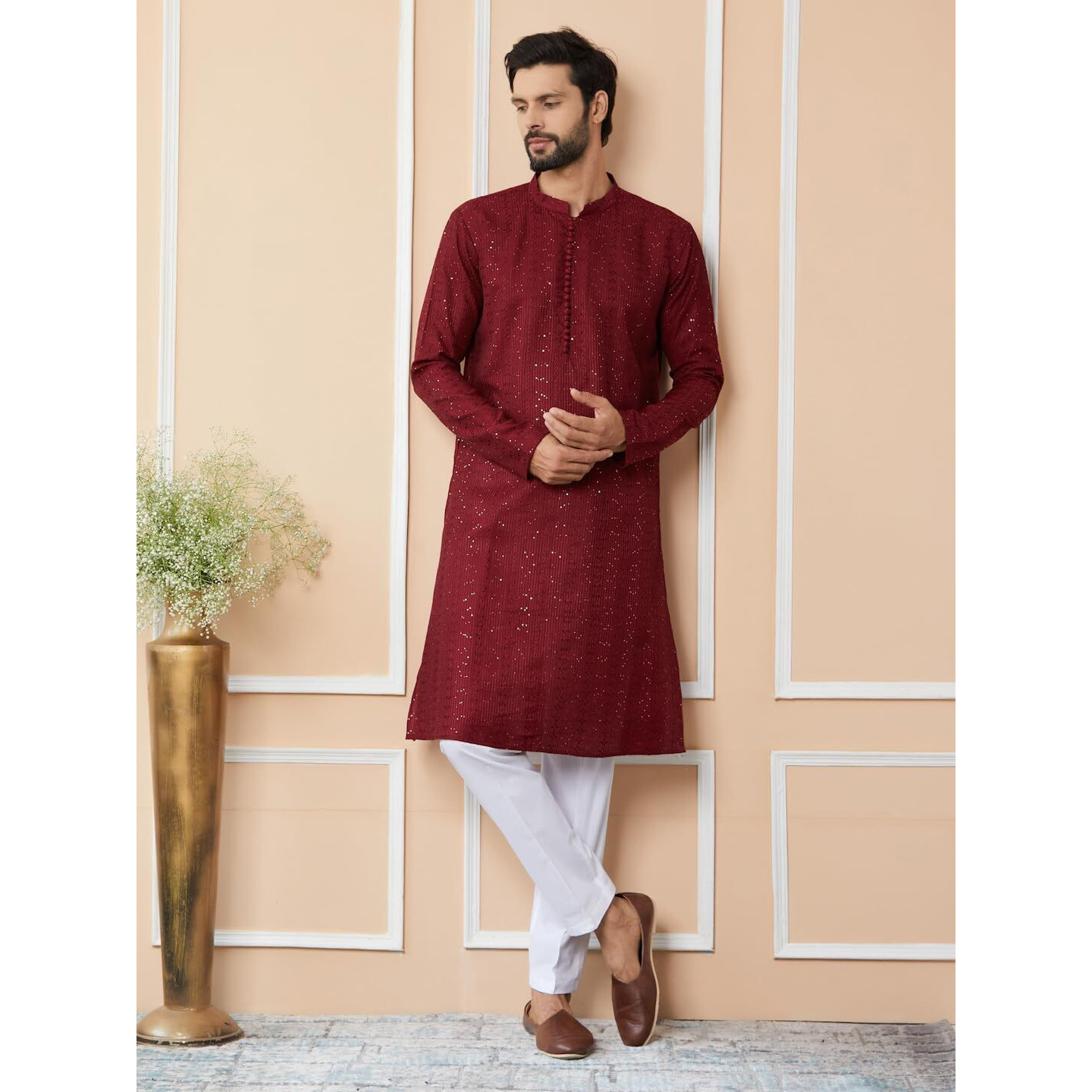 See Designs Men's Long Sleeve Mandarin Collar Side Slit Dark Maroon Embroidered Thread Work Sequinned Chanderi Silk Straight Kurta - Sdkt2514S