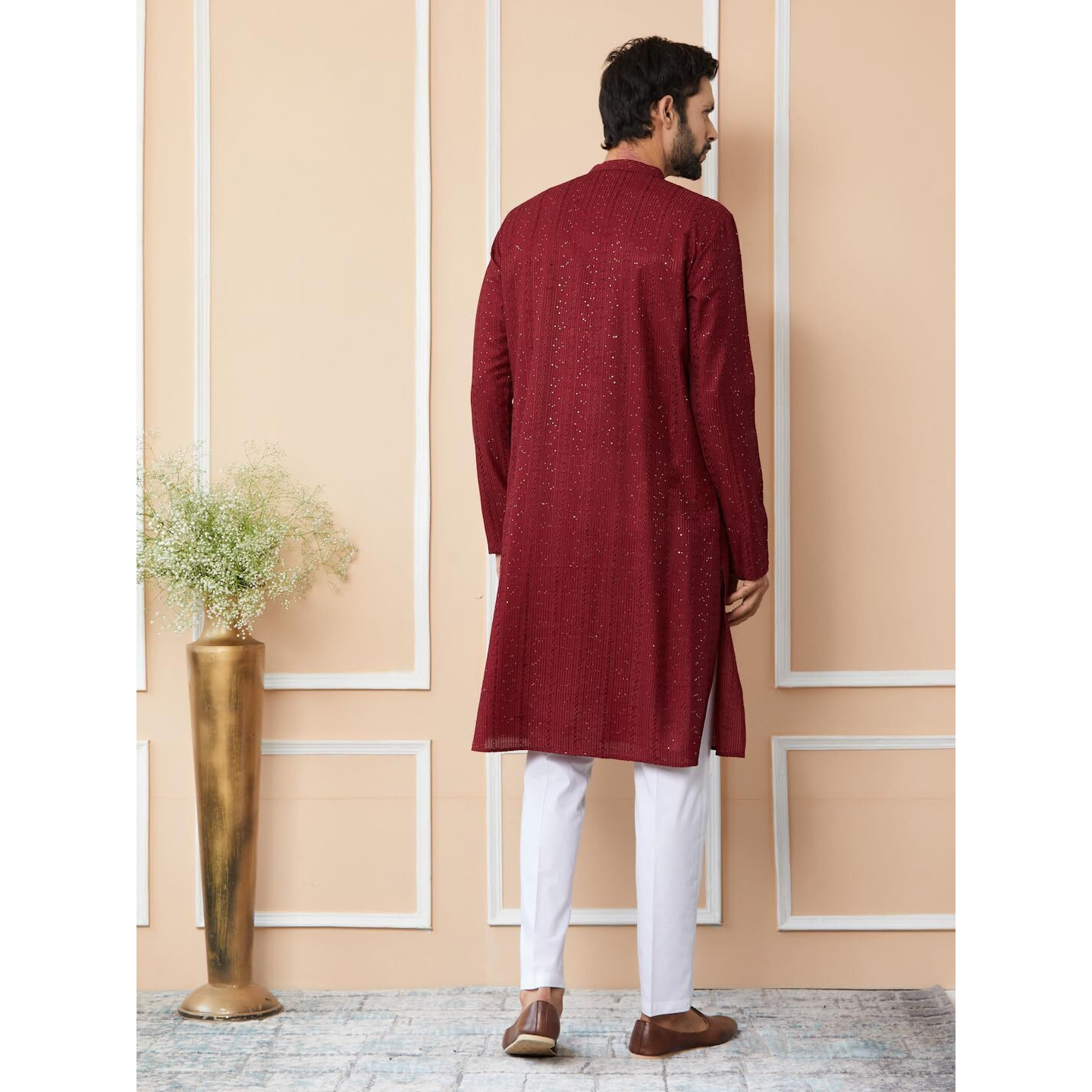 See Designs Men's Long Sleeve Mandarin Collar Side Slit Dark Maroon Embroidered Thread Work Sequinned Chanderi Silk Straight Kurta - Sdkt2514S