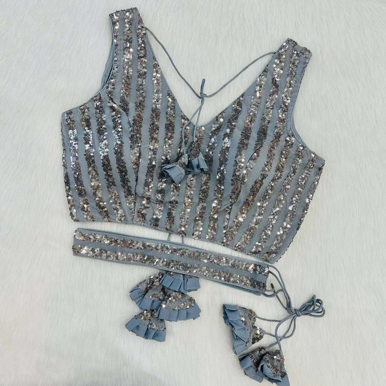 Pujia Mills Women's Emblished Sequins Sleeveless Fancy Grey Blouse With Belt(Sequins Belt Grey_38)
