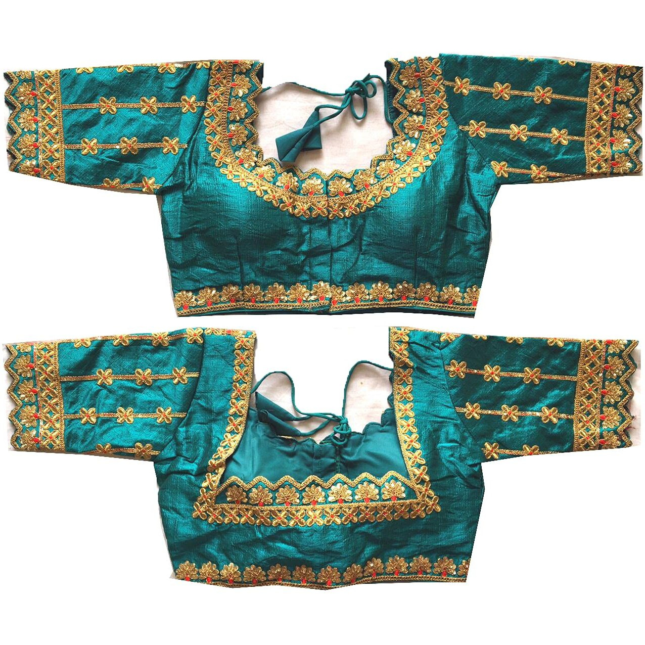 Pujia Mills Women's Silk Floral Half Sleeve Regular Blouse (Hariyali Rama 38)