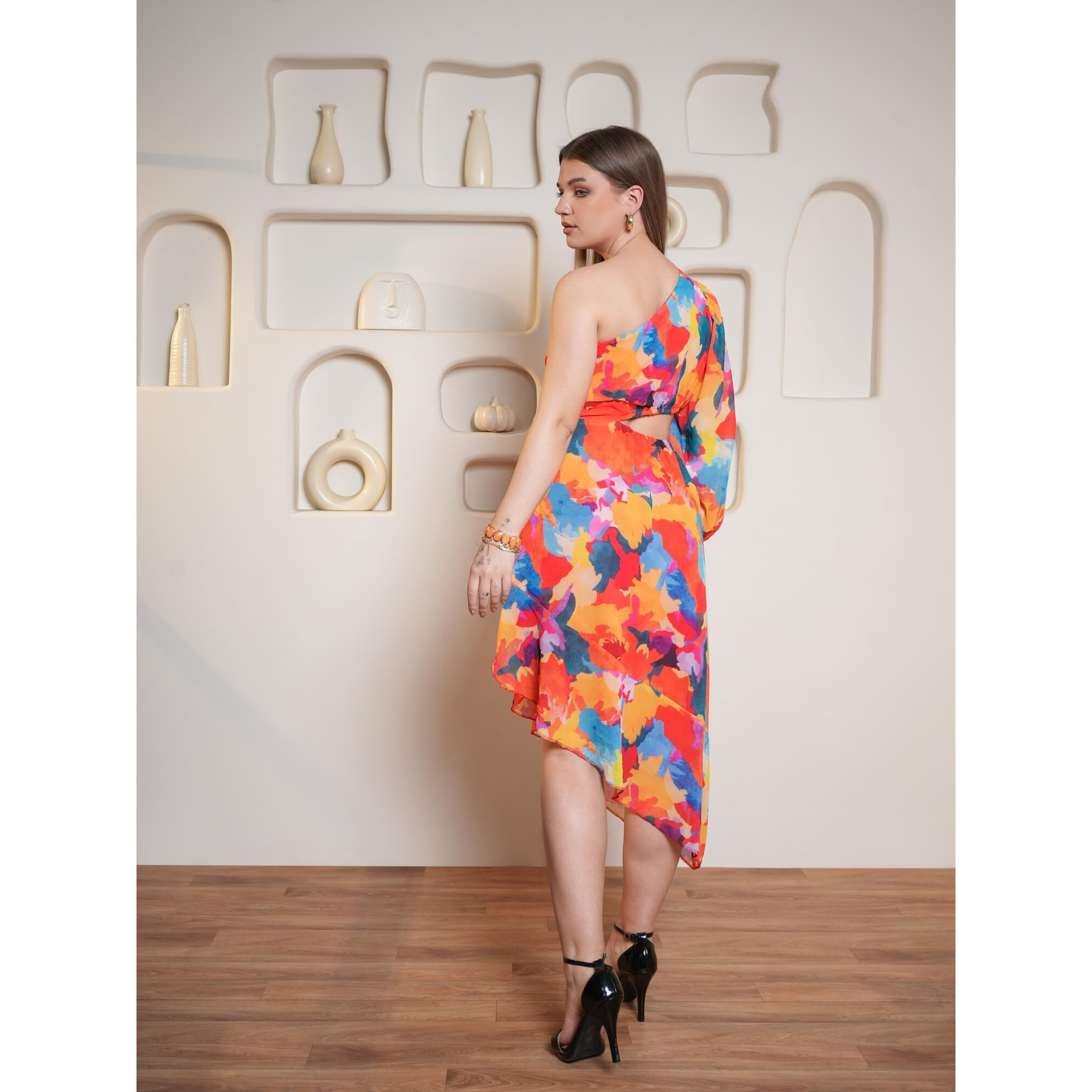 Purvaja Womens One Shoulder Below Knee Length Dress (Floe-032_Orange_Large)