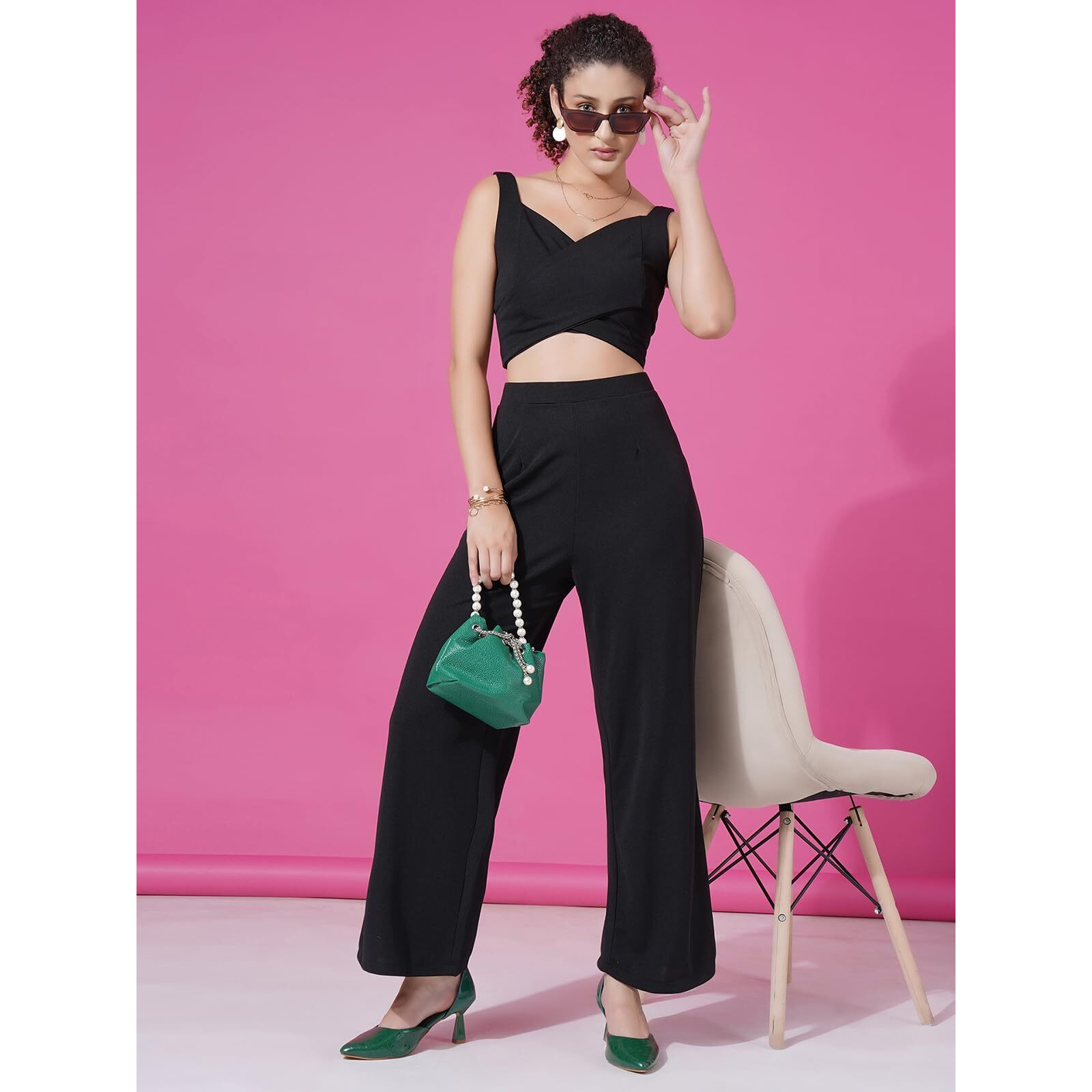 Selvia Women's Co-Ords Set|Lycra Crop Top & Trouser Set|Casual Co-Ords Set For Women|Two Piece Co-Ord Set(711Ctk11701N-L_Black)