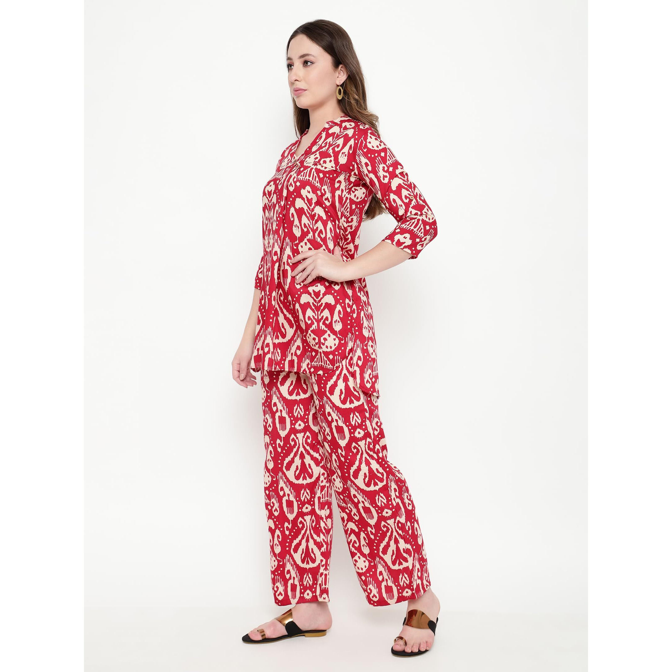 Shasmi Women's Dress Batik Maroon V-Neck Co-Ods Set For Women (Co-Ods 97 Batik Maroon M)