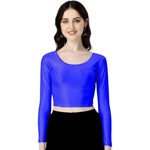 Shiv Textiles Round Neck Dobby Cotton Lycra Stretchable Elbow Sleeve Readymade Saree Blouse For Women Stylish (Royalbluepluse Size Full Sleeve)