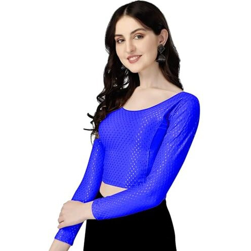 Shiv Textiles Round Neck Dobby Cotton Lycra Stretchable Elbow Sleeve Readymade Saree Blouse For Women Stylish (Royalbluepluse Size Full Sleeve)