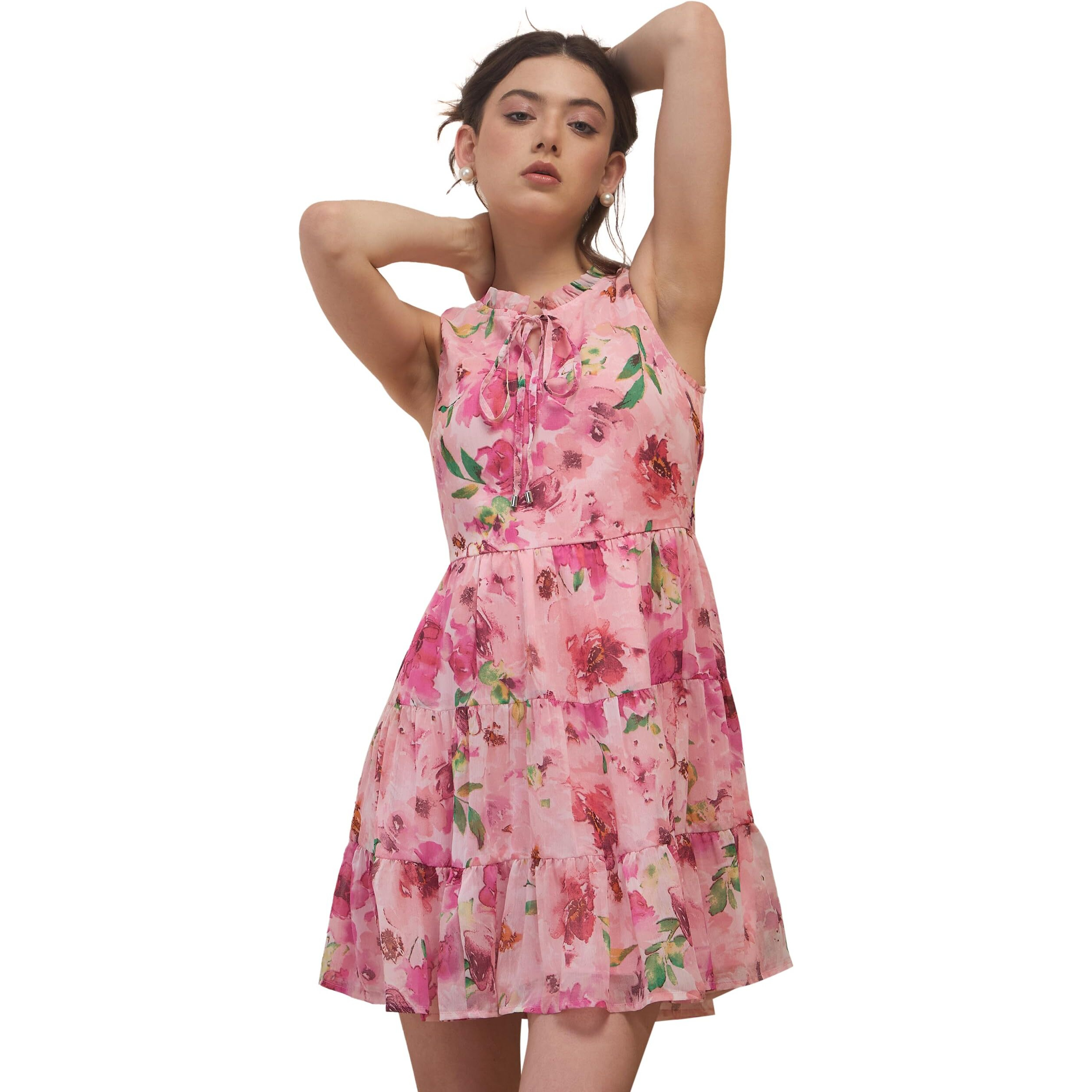 Rare Women's Chiffon Fit And Flare Above The Knee Casual Dress (Ep8085_Pink_L)