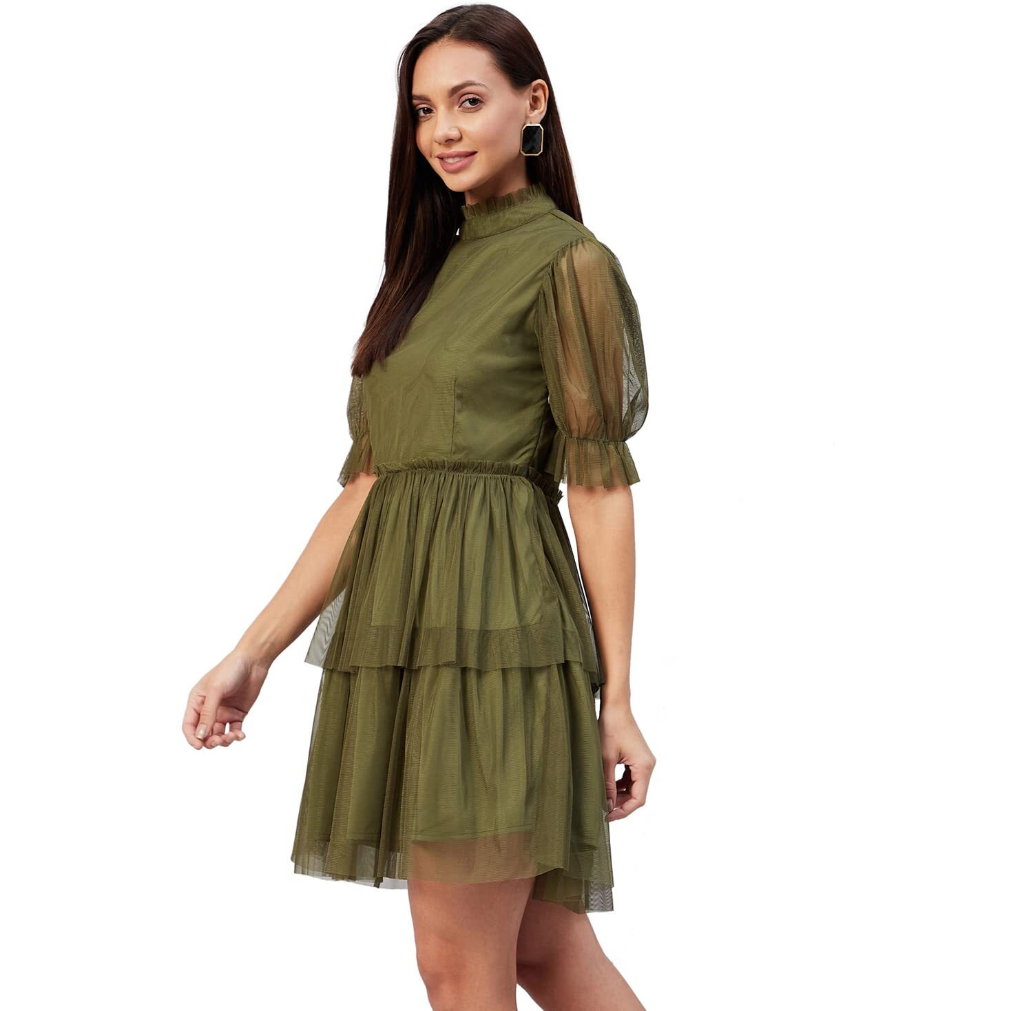 Rare Women's Net Fit And Flare Above The Knee Casual Dress (Ep6232_Olive_S)