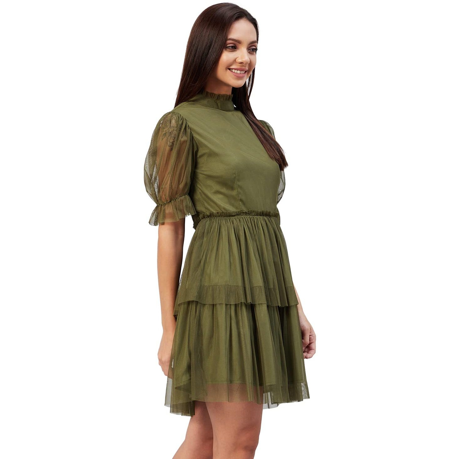 Rare Women's Net Fit And Flare Above The Knee Casual Dress (Ep6232_Olive_S)