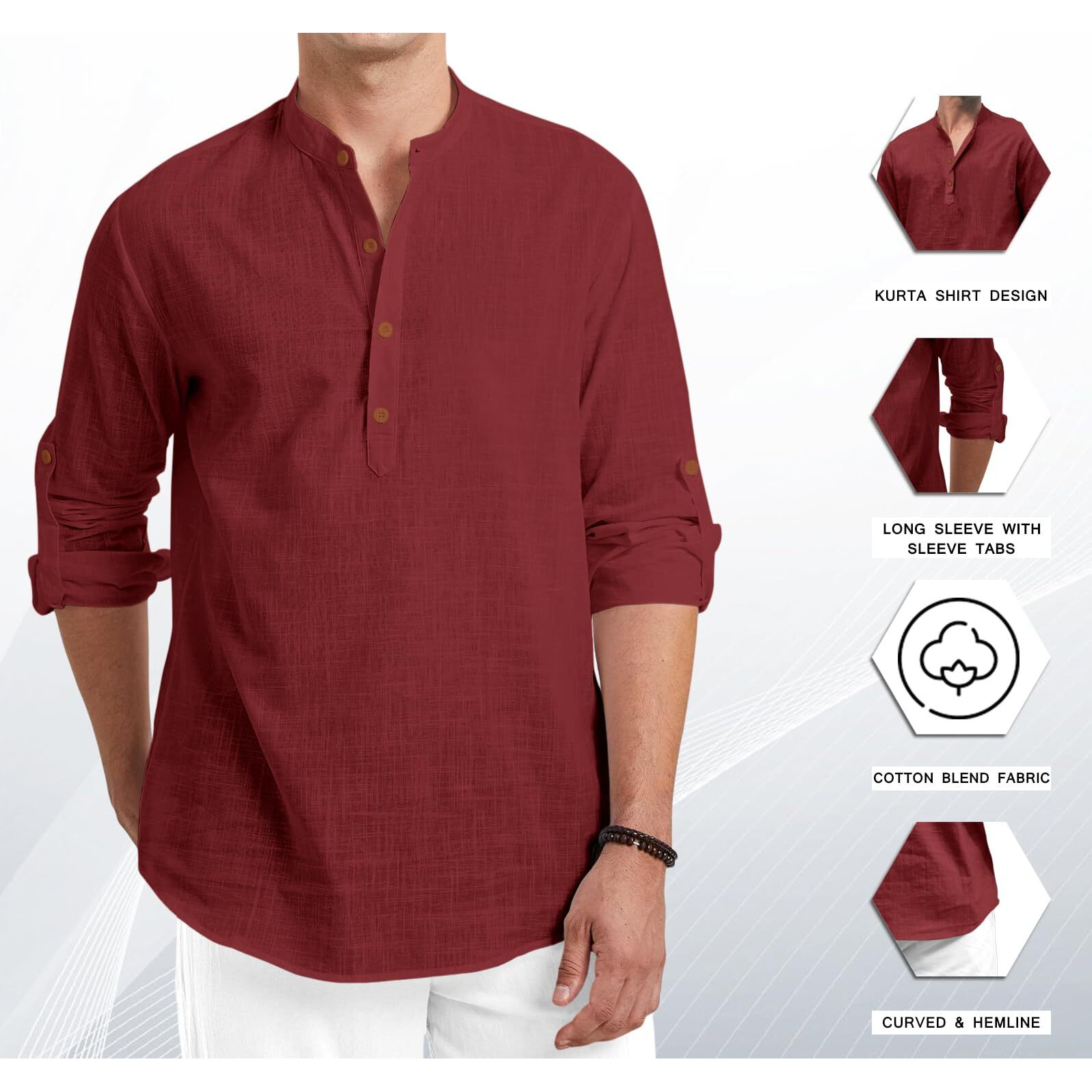 Royalscout Men Cotton Blend Full Sleeve Short Kurta Maroon