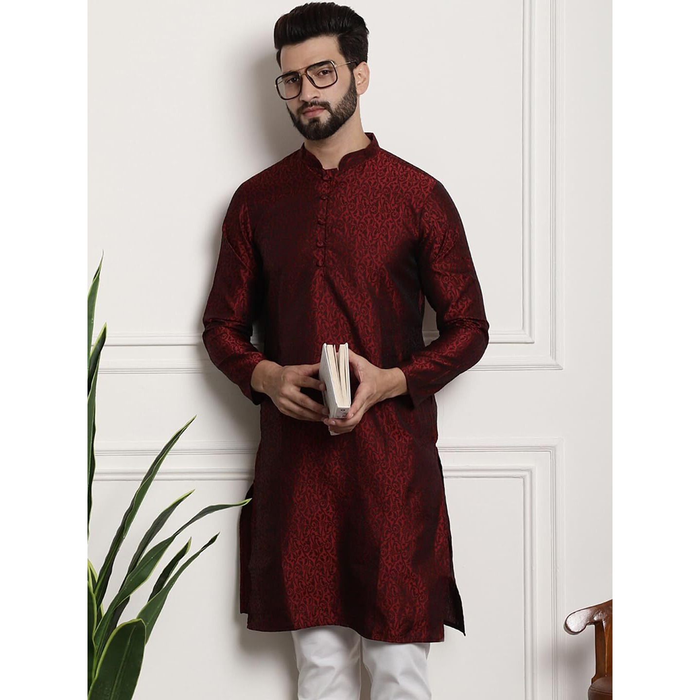 Sojanya (Since 1958 Men's Silk Blend Maroon Color Paisley Design Only Long Kurta