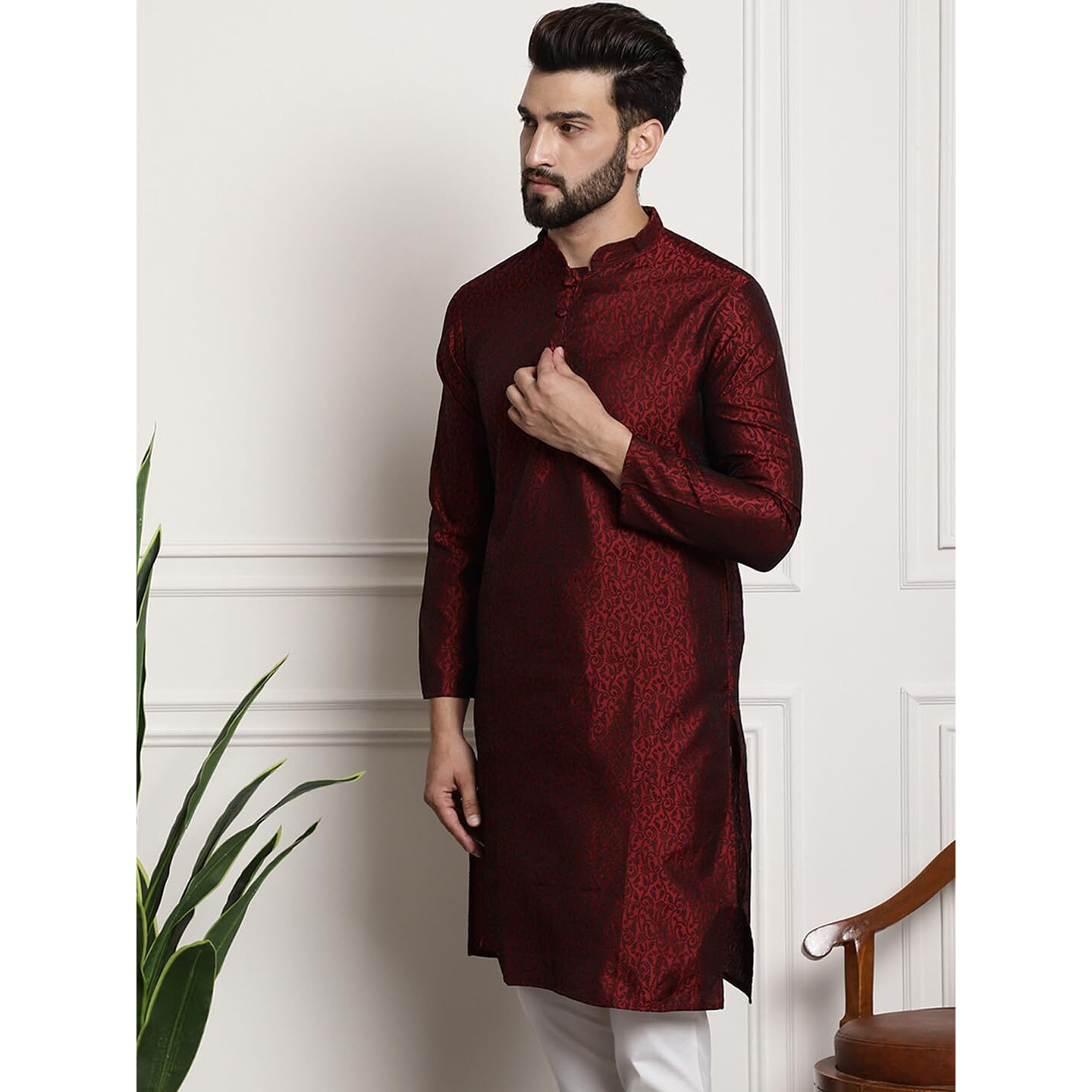 Sojanya (Since 1958 Men's Silk Blend Maroon Color Paisley Design Only Long Kurta