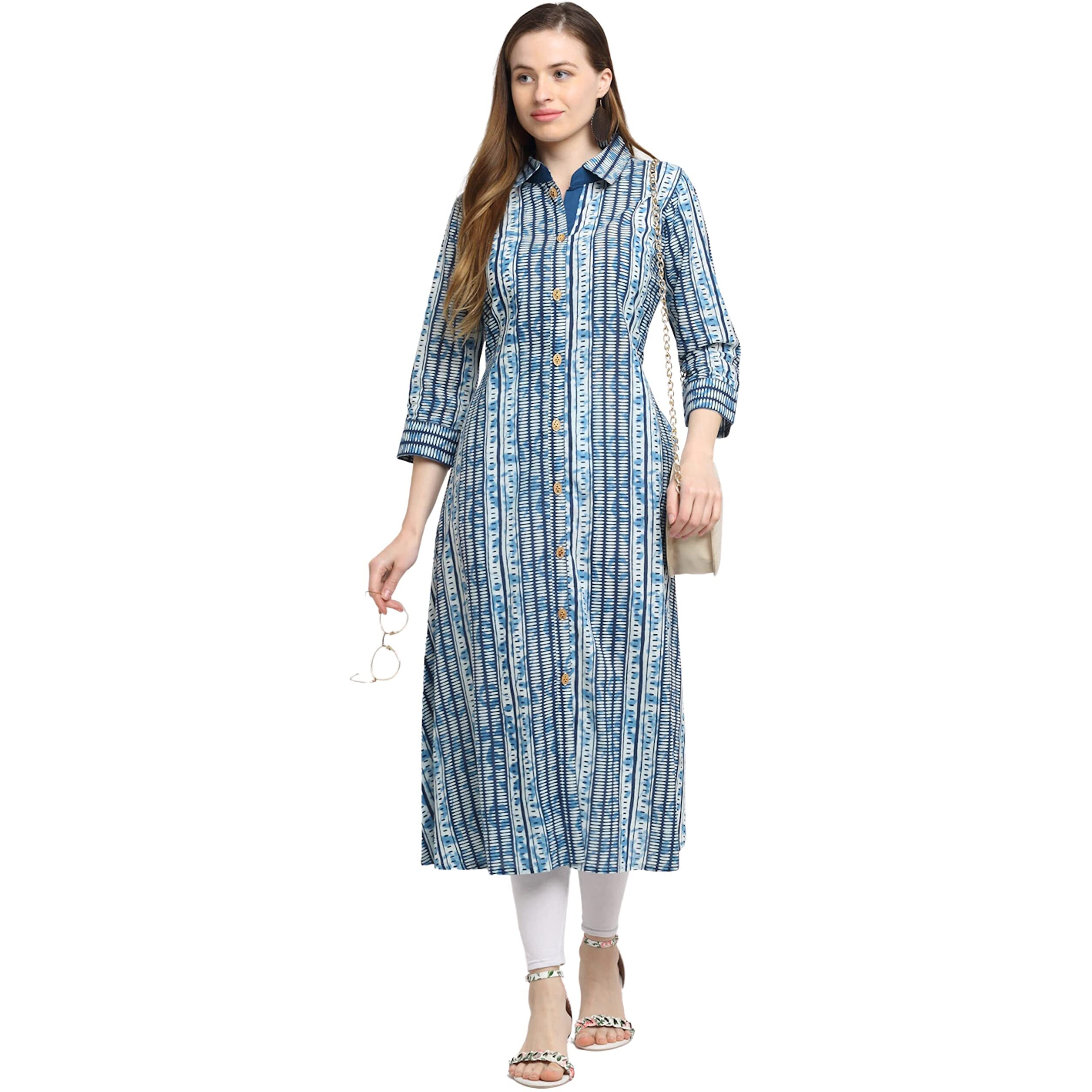 Rytras Women's Cotton Printed A-Line Kurta (Small) Blue