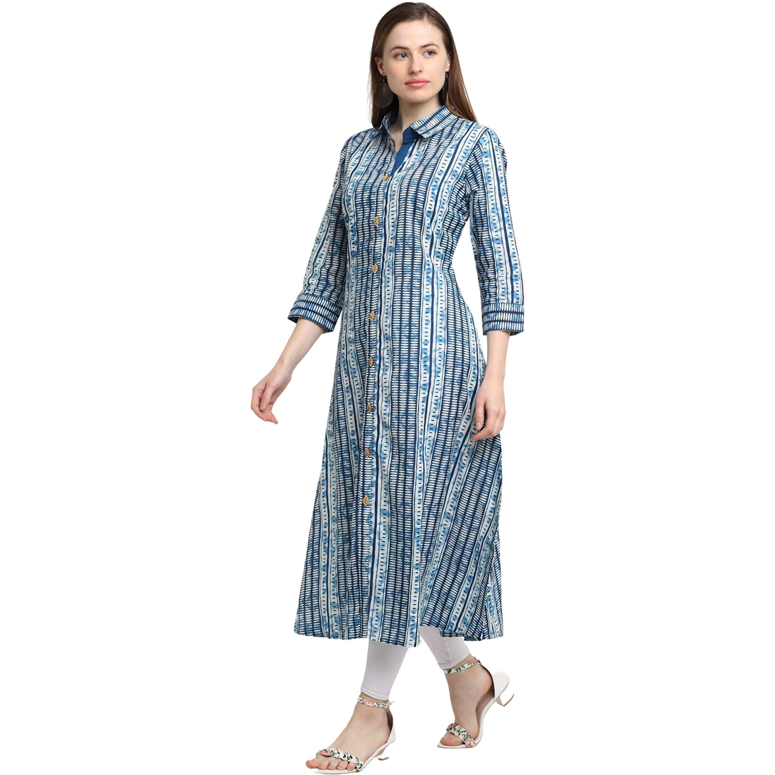 Rytras Women's Cotton Printed A-Line Kurta (Small) Blue