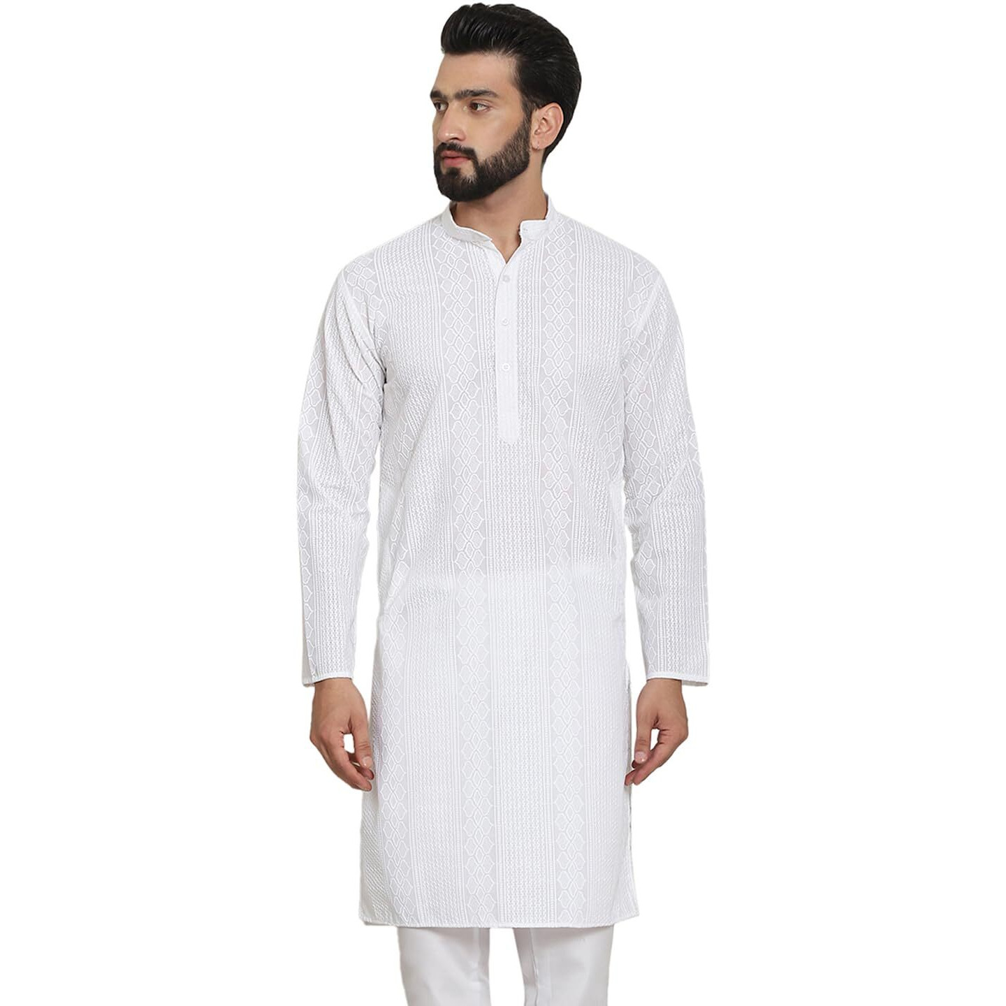 Sojanya (Since 1958 Men's Cotton Thread Embroidered White Long Kurta