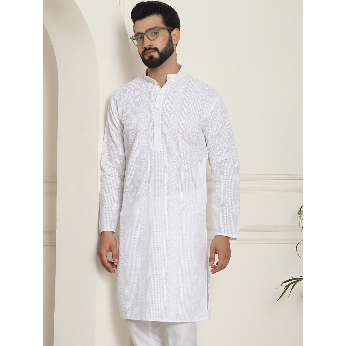 Sojanya (Since 1958 Men's Cotton Thread Embroidered White Long Kurta