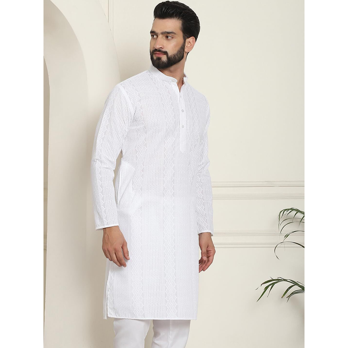Sojanya (Since 1958 Men's Cotton Thread Embroidered White Long Kurta