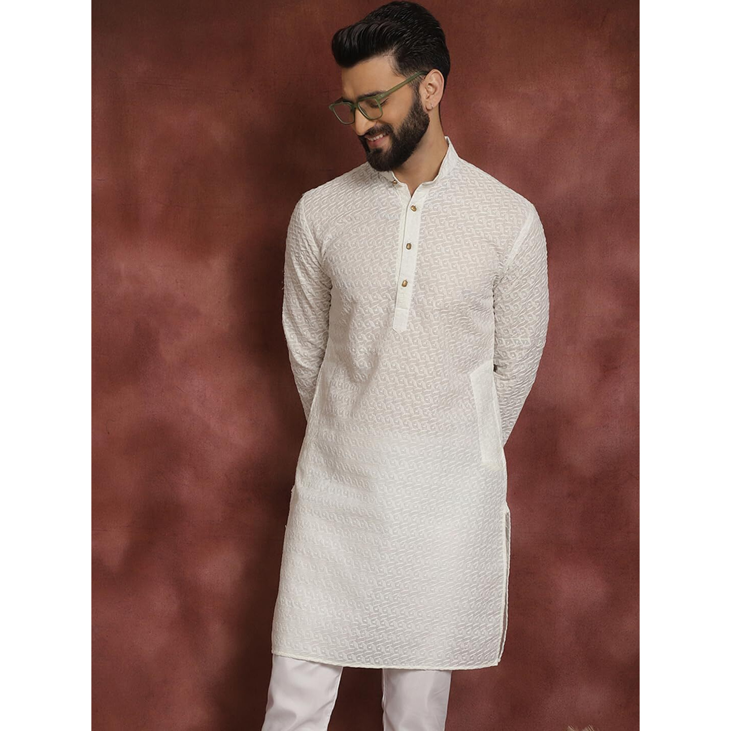 Sojanya (Since 1958 Ethnic Motifs Embroidered Thread Work Pure Cotton Cream Straight Only Kurta