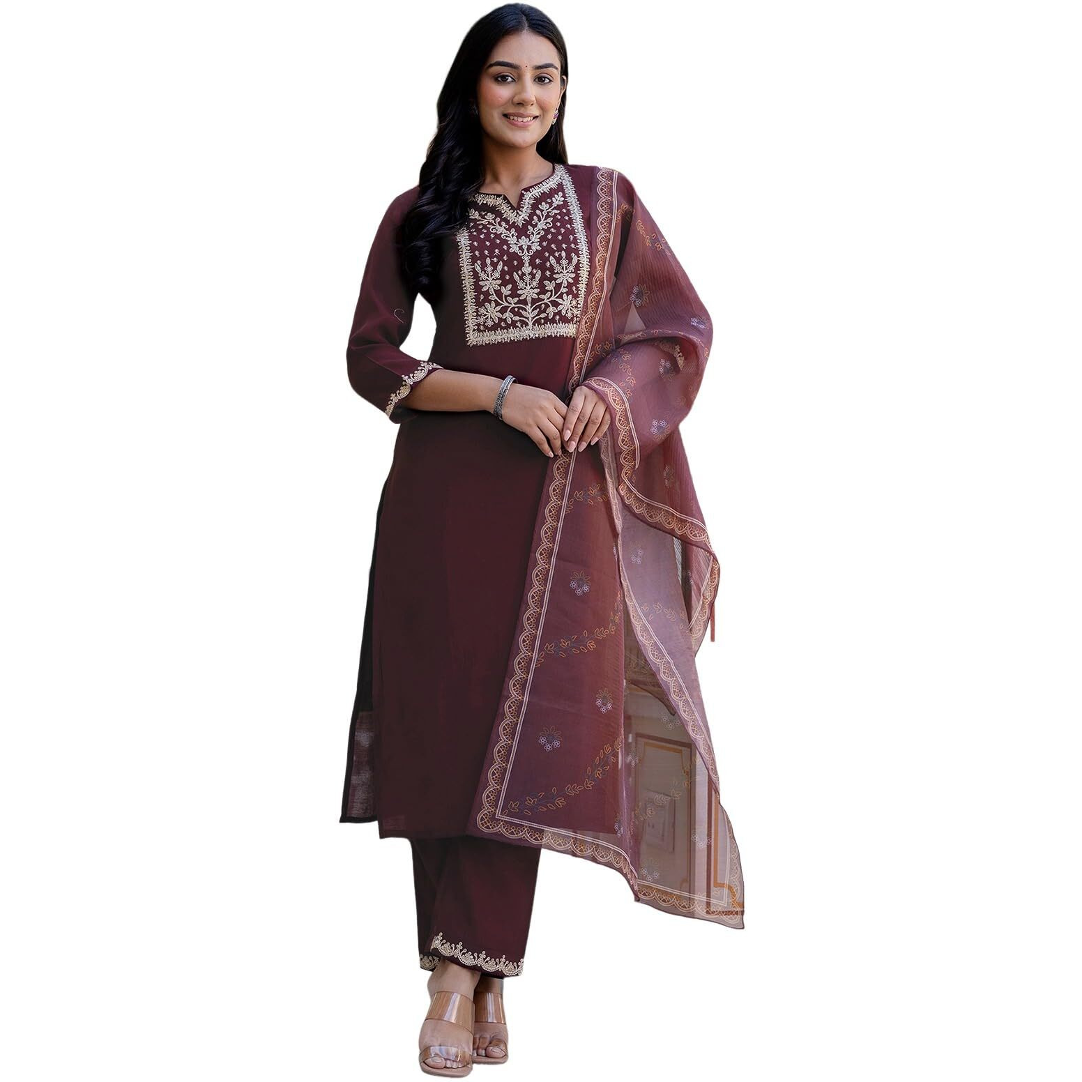 Sanisa Women's Silk Embroidery And Sequins Work Straight Kurta With Pant And Dupatta Set (240Kbd2534N-S_Brown)