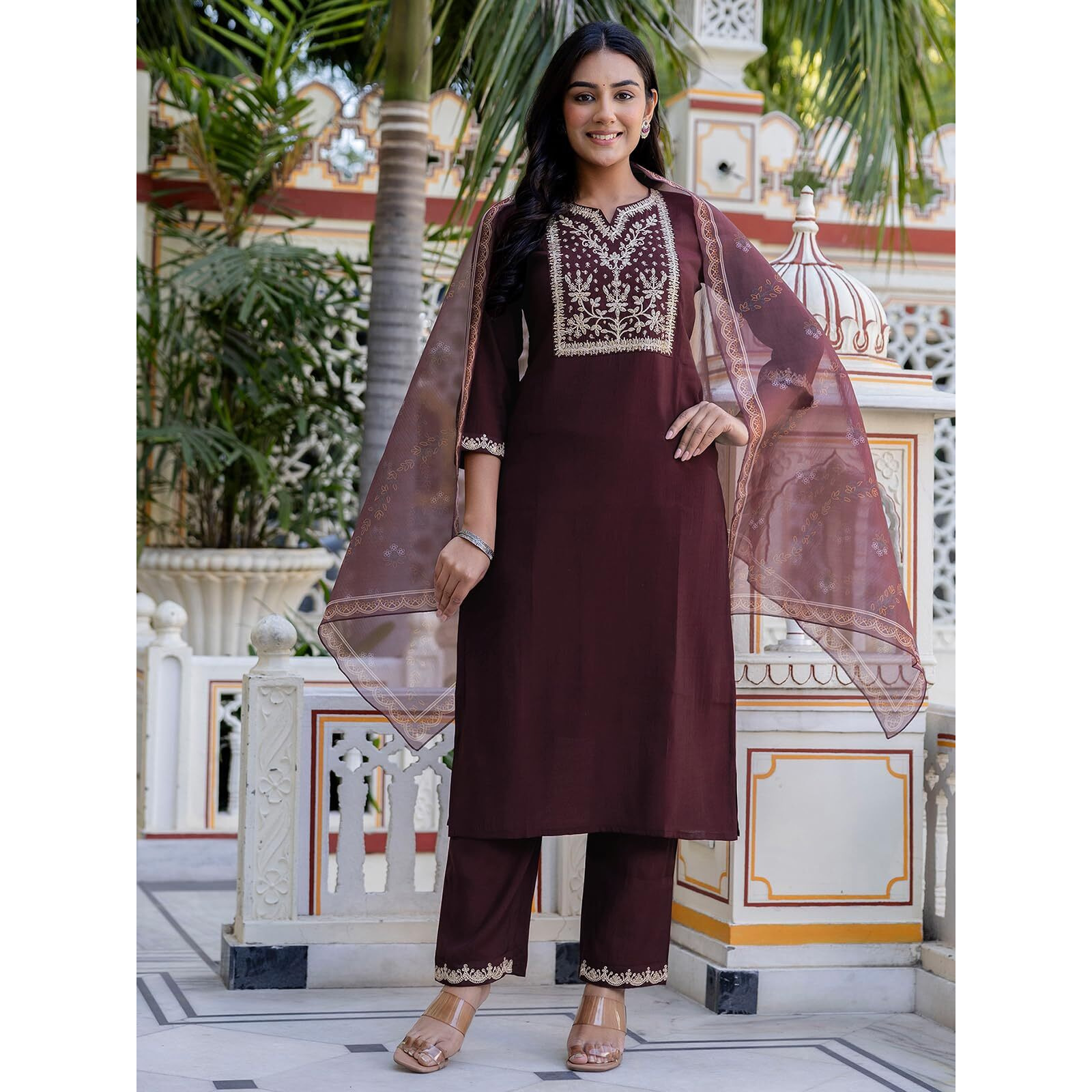 Sanisa Women's Silk Embroidery And Sequins Work Straight Kurta With Pant And Dupatta Set (240Kbd2534N-S_Brown)