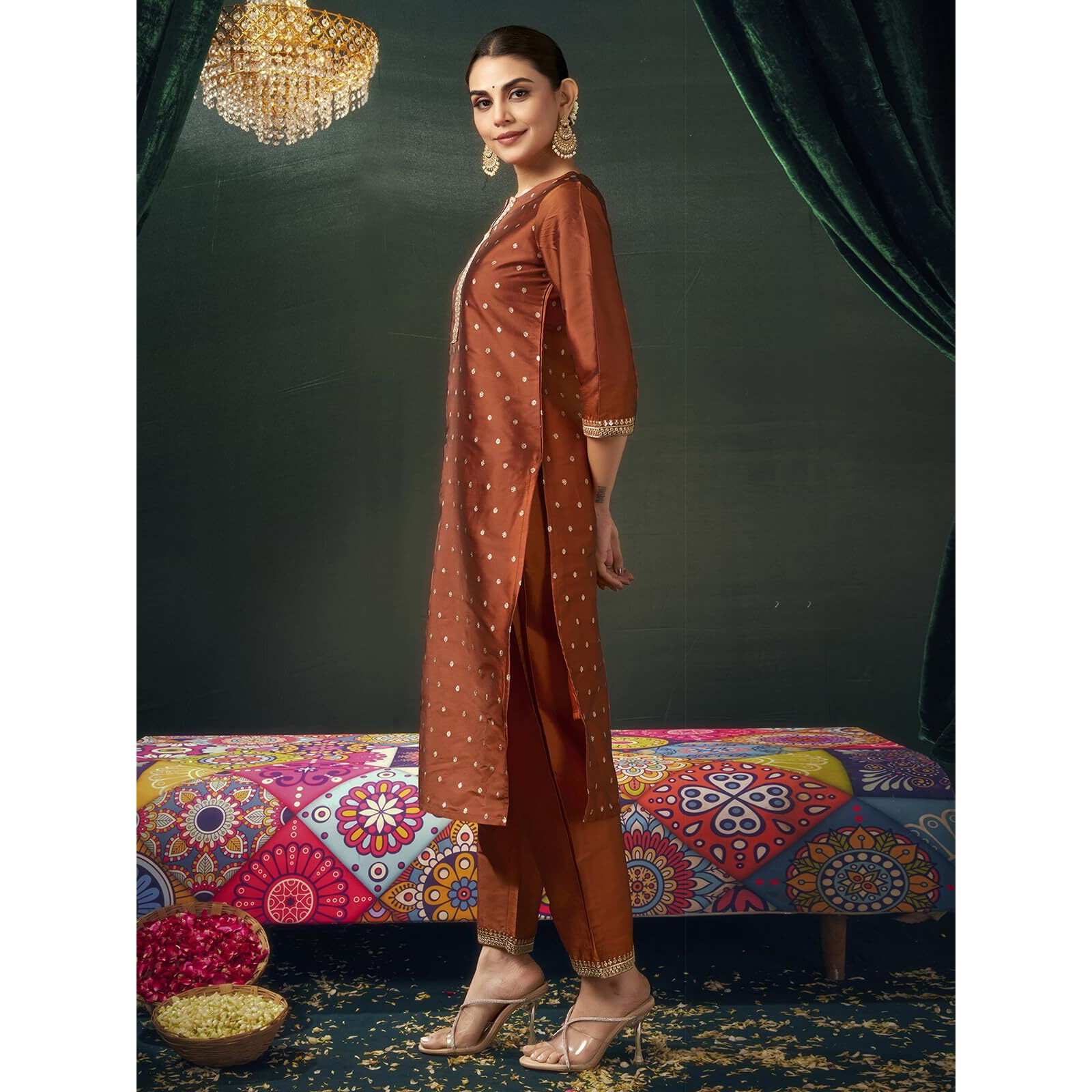 Sanisa Women's Silk Blend Jacquard And Sequins Embroidery Lace Straight Kurta With Pant And Dupatta Set (215Kbd2272N-S_Rust & Golden)