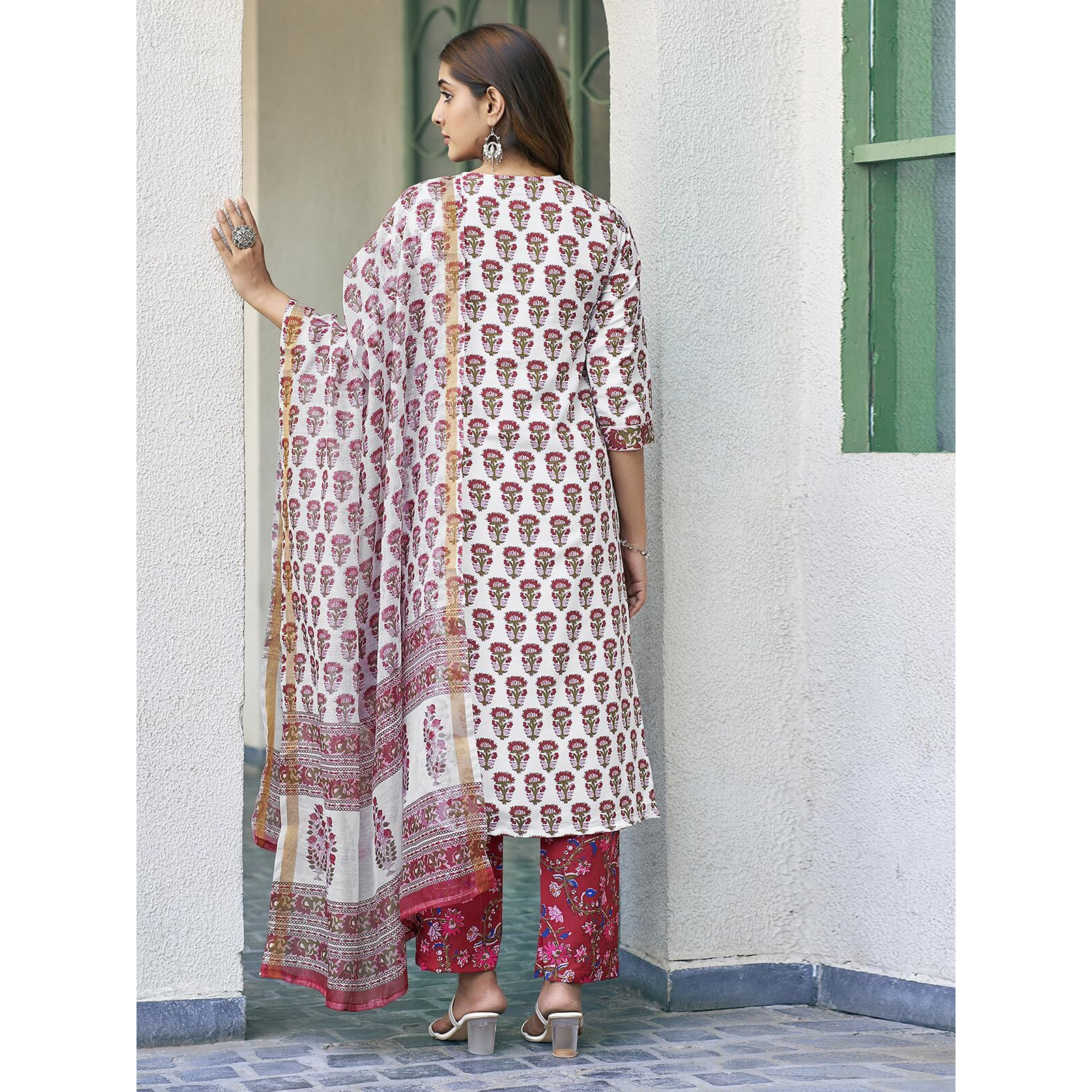 Sanisa Women's Rayon Blend Floral Printed Straight Kurta With Pant And Dupatta Set| Ethnic Set | Suit Set | Kurta Set(129Kbd1394N-Xxl_White & Maroon & Multi)