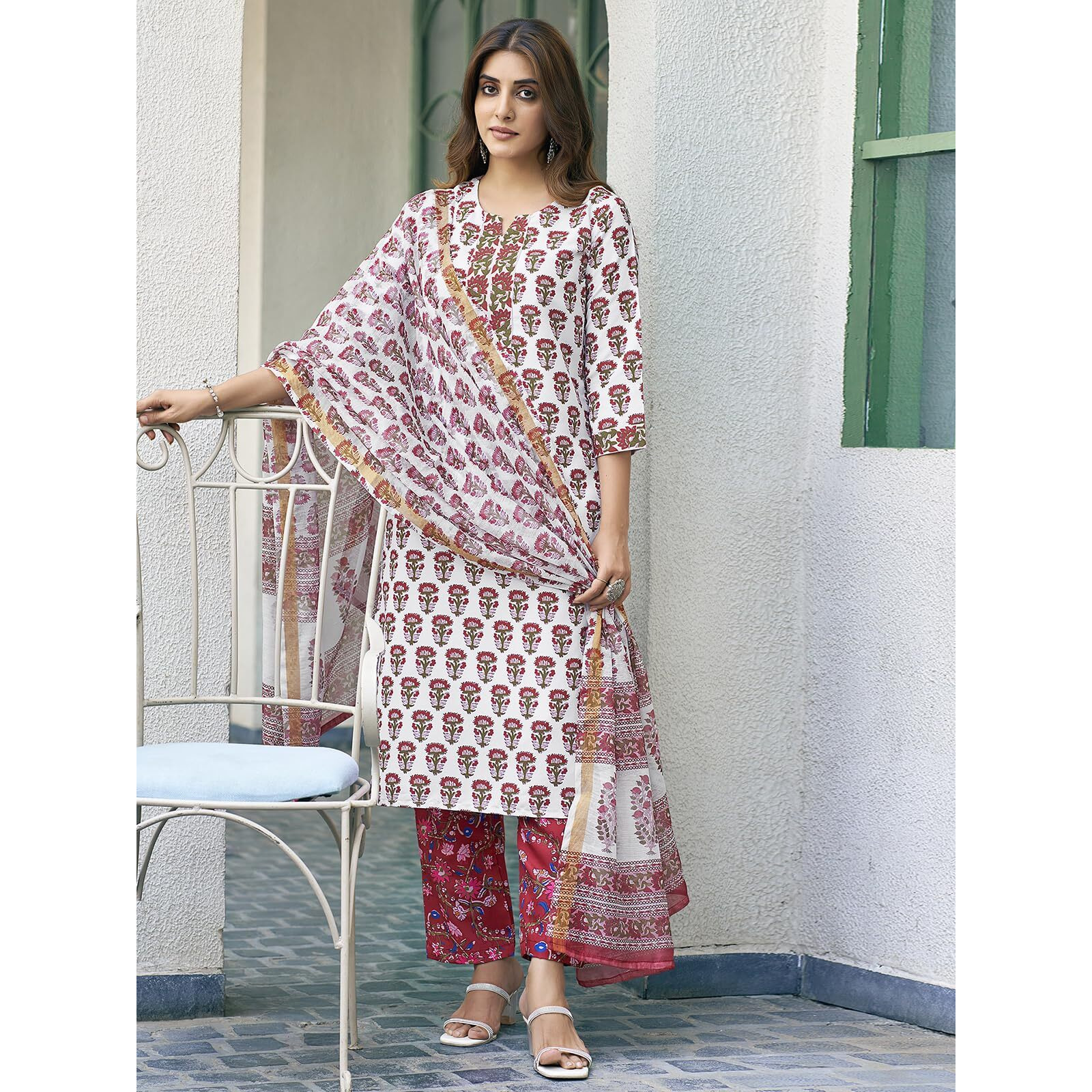 Sanisa Women's Rayon Blend Floral Printed Straight Kurta With Pant And Dupatta Set| Ethnic Set | Suit Set | Kurta Set(129Kbd1394N-Xxl_White & Maroon & Multi)