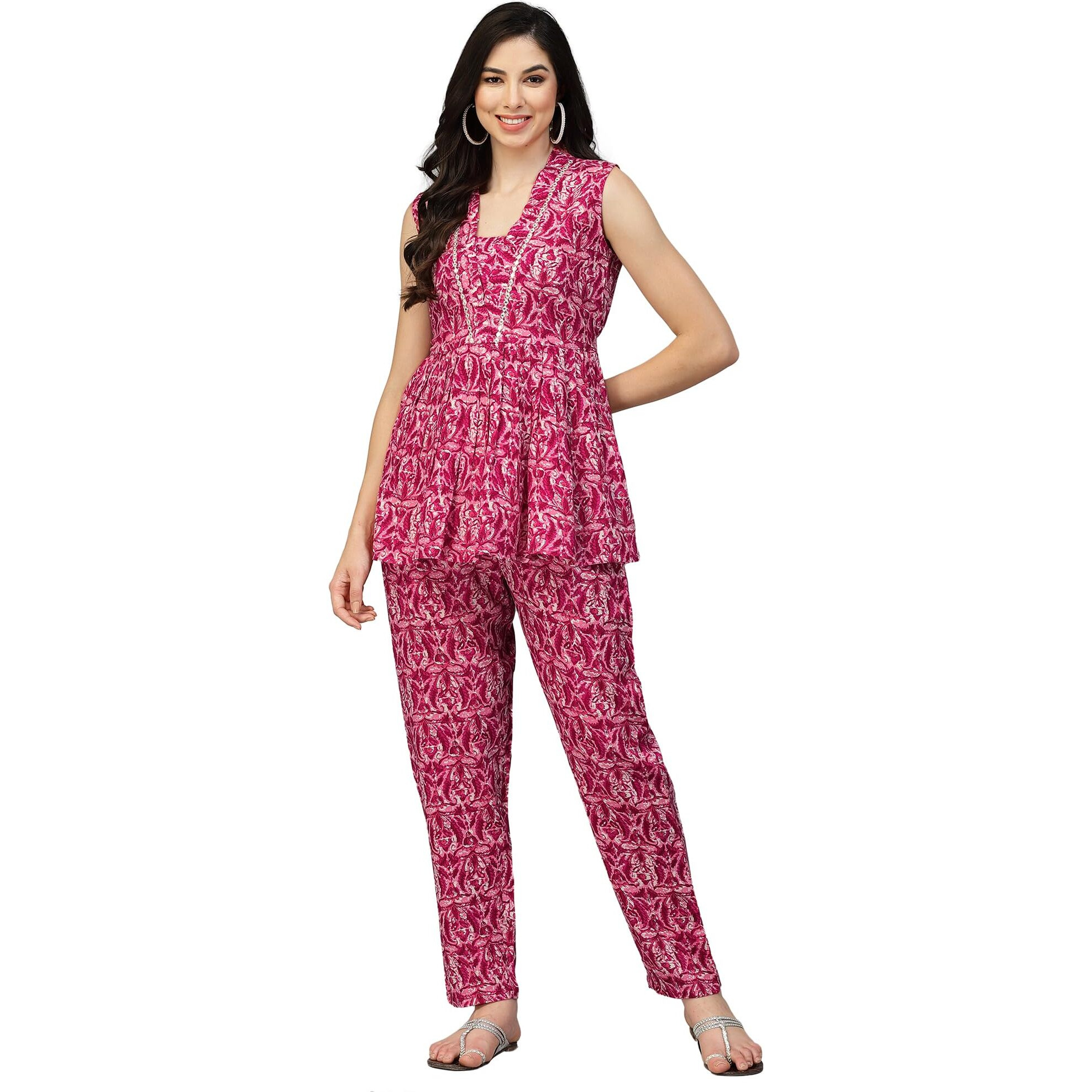 Stylum Women's Printed Rayon Co-Ord Set (Pinkcherry34_Pink, Xs)