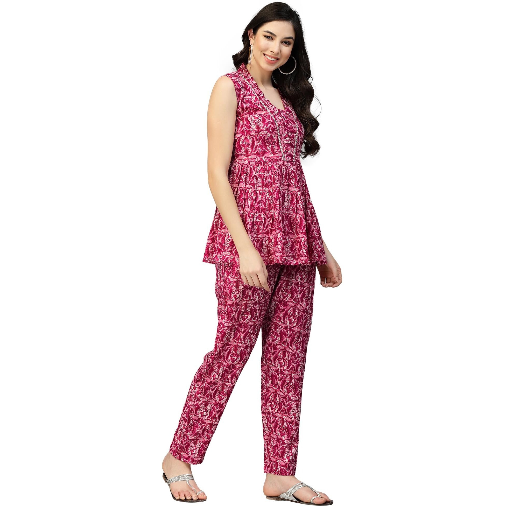 Stylum Women's Printed Rayon Co-Ord Set (Pinkcherry34_Pink, Xs)