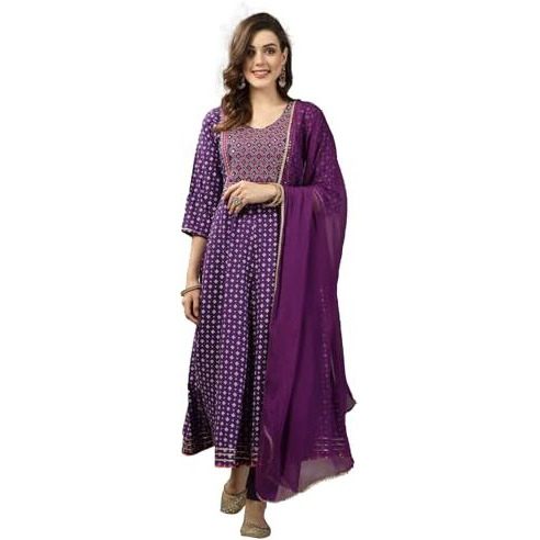 Stylum Women's Bandhej Printed & Embroidered Rayon Anarkali Kurta Pant Dupatta Set (Kpdvoiltrisha38_Violet, M)