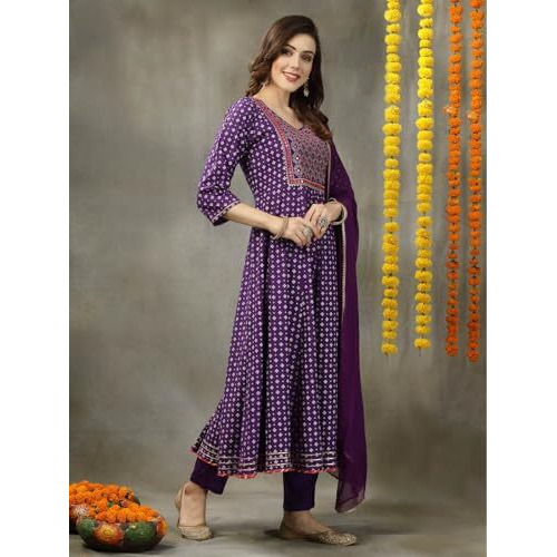 Stylum Women's Bandhej Printed & Embroidered Rayon Anarkali Kurta Pant Dupatta Set (Kpdvoiltrisha38_Violet, M)