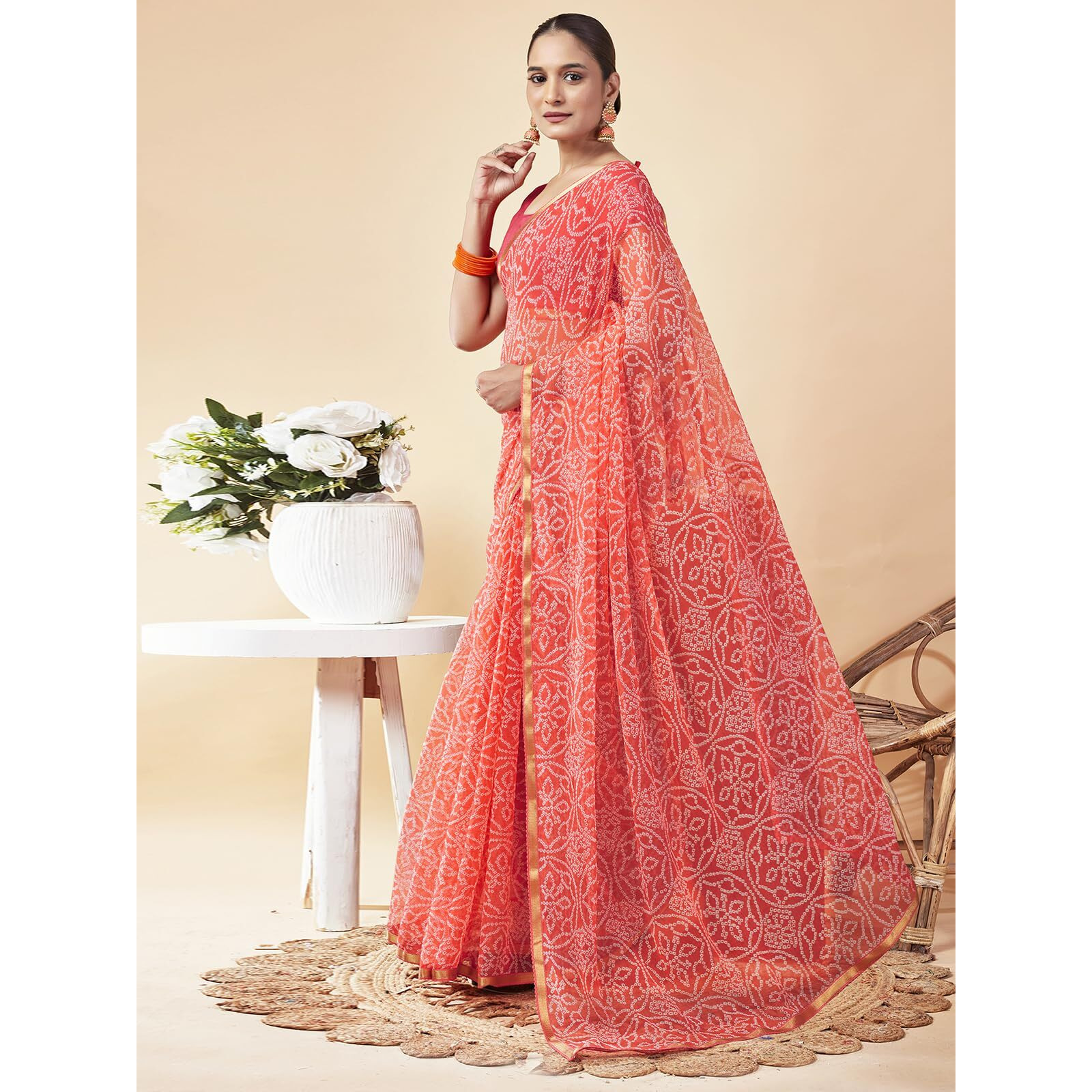 Satrani Women's Chiffon Bandhani Printed Saree With Unstitched Blouse Piece (3698S124N_Peach)