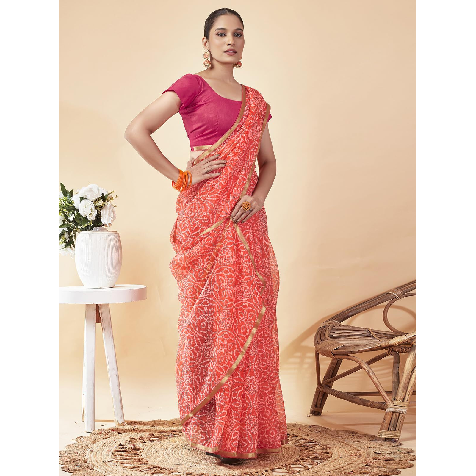 Satrani Women's Chiffon Bandhani Printed Saree With Unstitched Blouse Piece (3698S124N_Peach)