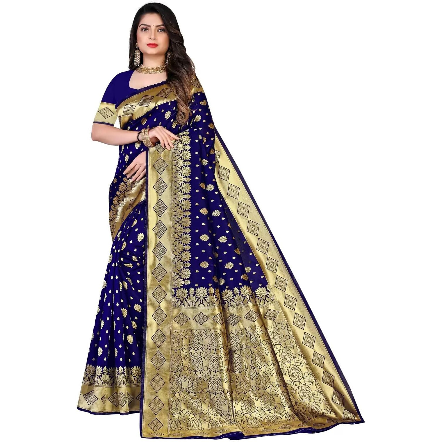 Sugathari Women's Banarasi Saree Pure Kanjivaram Silk Saree Soft New Ladies 2023 Design Wear Pattu Sarees Latest Cotton Party Sari Collections With Blouse Piece For Wedding Sadi (Pari 181 N Blue)