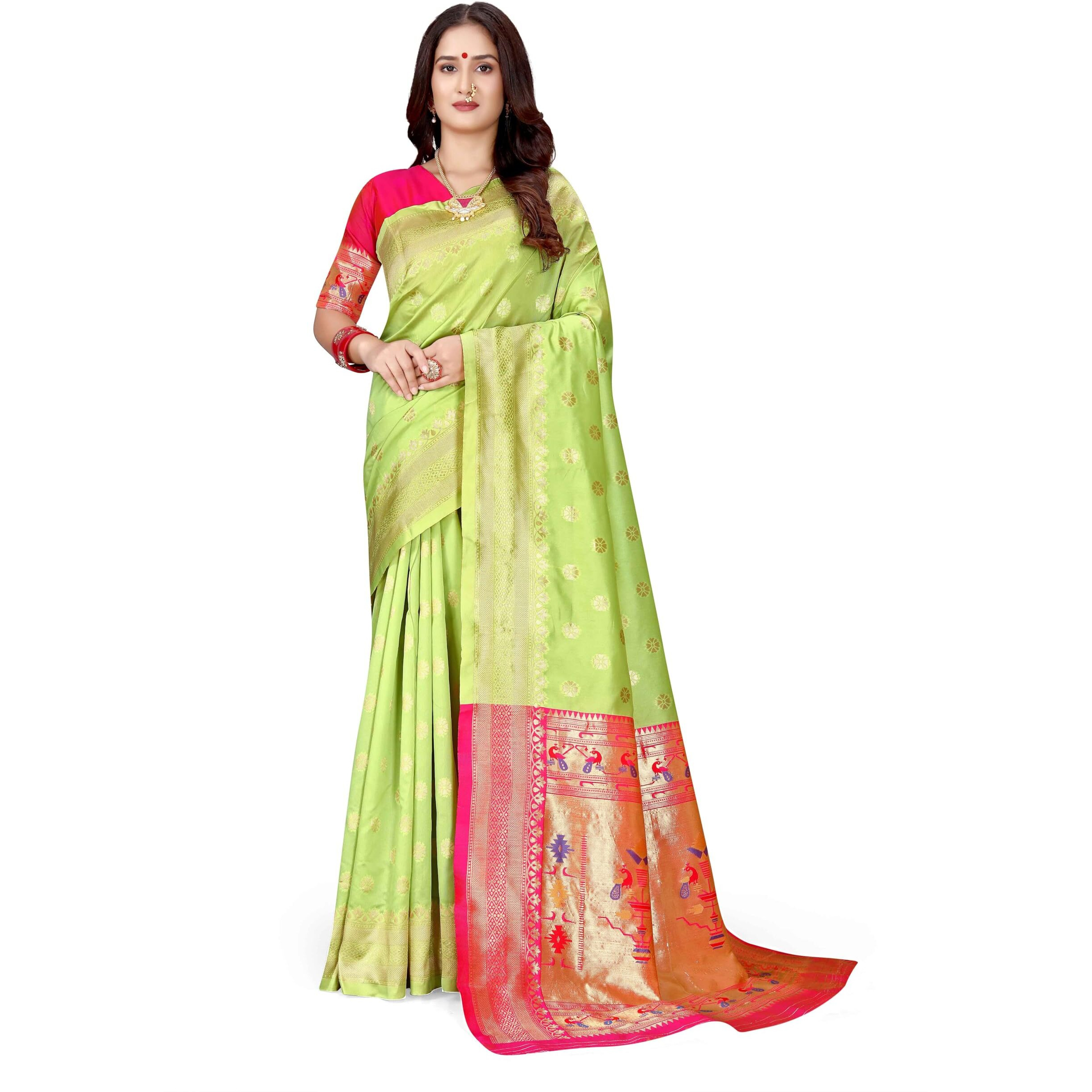 Sugathari Women's Banarasi Saree Pure Paithani Kanjivaram Silk Soft New Ladies 2024 Design Wear Sarees Latest Cotton Party Sari Collections With Blouse Piece For Wedding Sadi (Pari-202 Light Green)