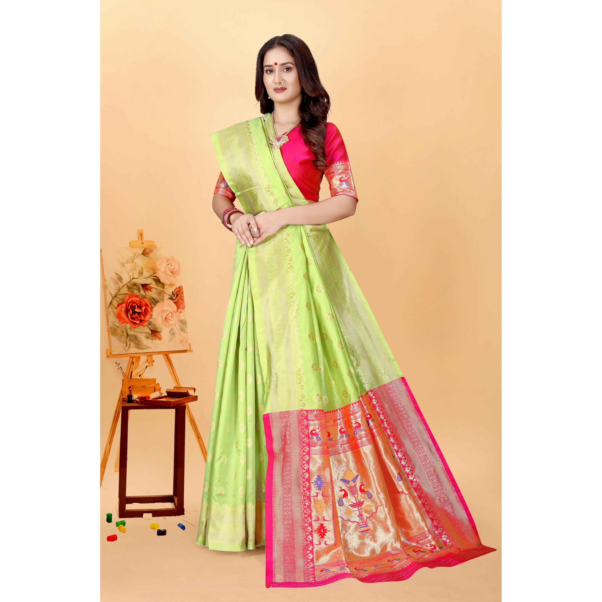 Sugathari Women's Banarasi Saree Pure Paithani Kanjivaram Silk Soft New Ladies 2024 Design Wear Sarees Latest Cotton Party Sari Collections With Blouse Piece For Wedding Sadi (Pari-202 Light Green)