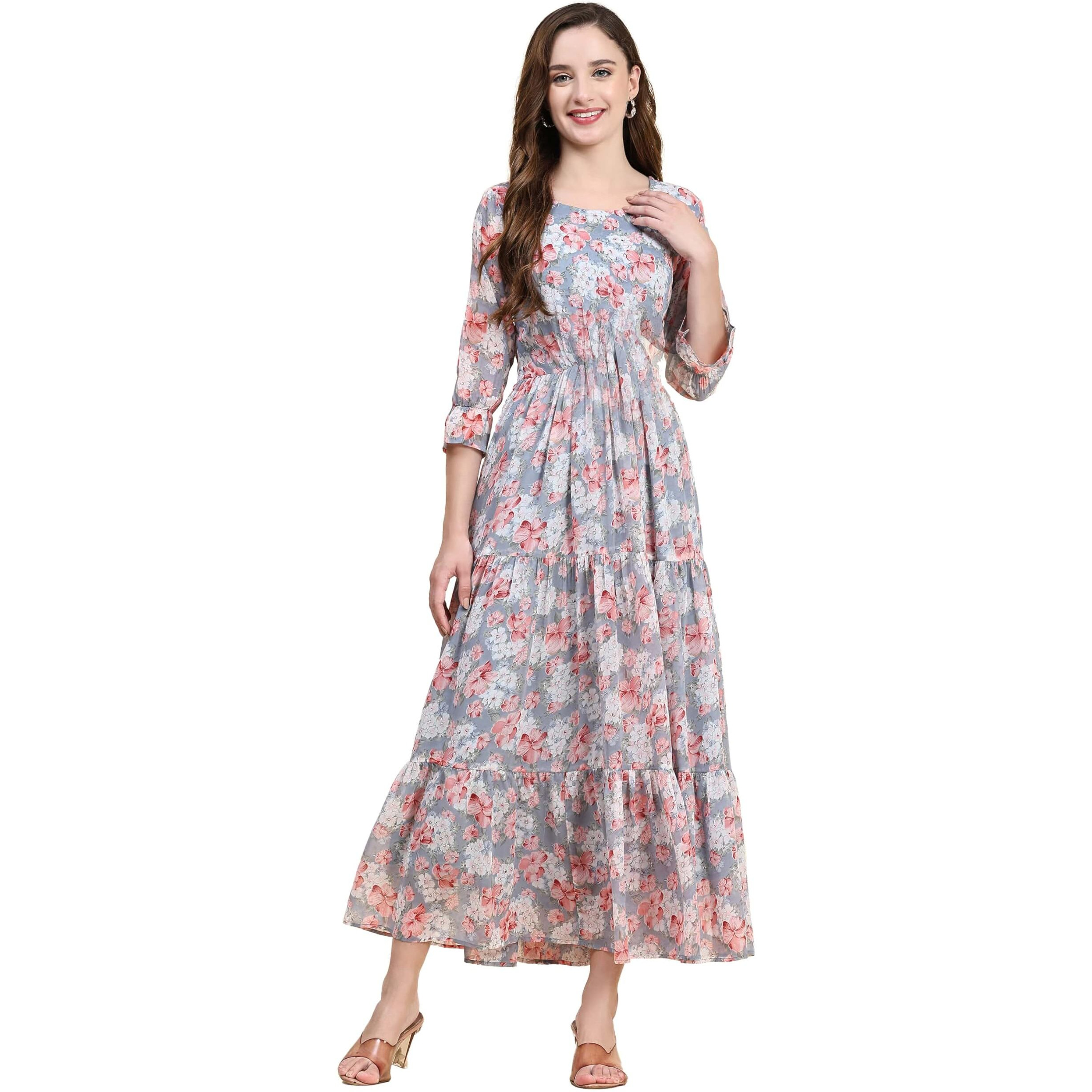 Toochki Women's Grey Georgette Floral Tiered Western Dress | Dress For Women | A Line Dress | Winter Dress | Western Dress | Latest Women Dress | Trendy Dress | Midi Dress