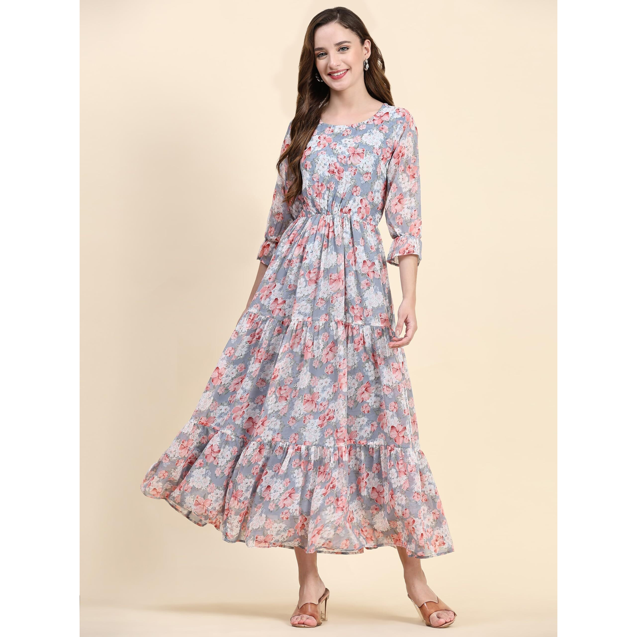 Toochki Women's Grey Georgette Floral Tiered Western Dress | Dress For Women | A Line Dress | Winter Dress | Western Dress | Latest Women Dress | Trendy Dress | Midi Dress