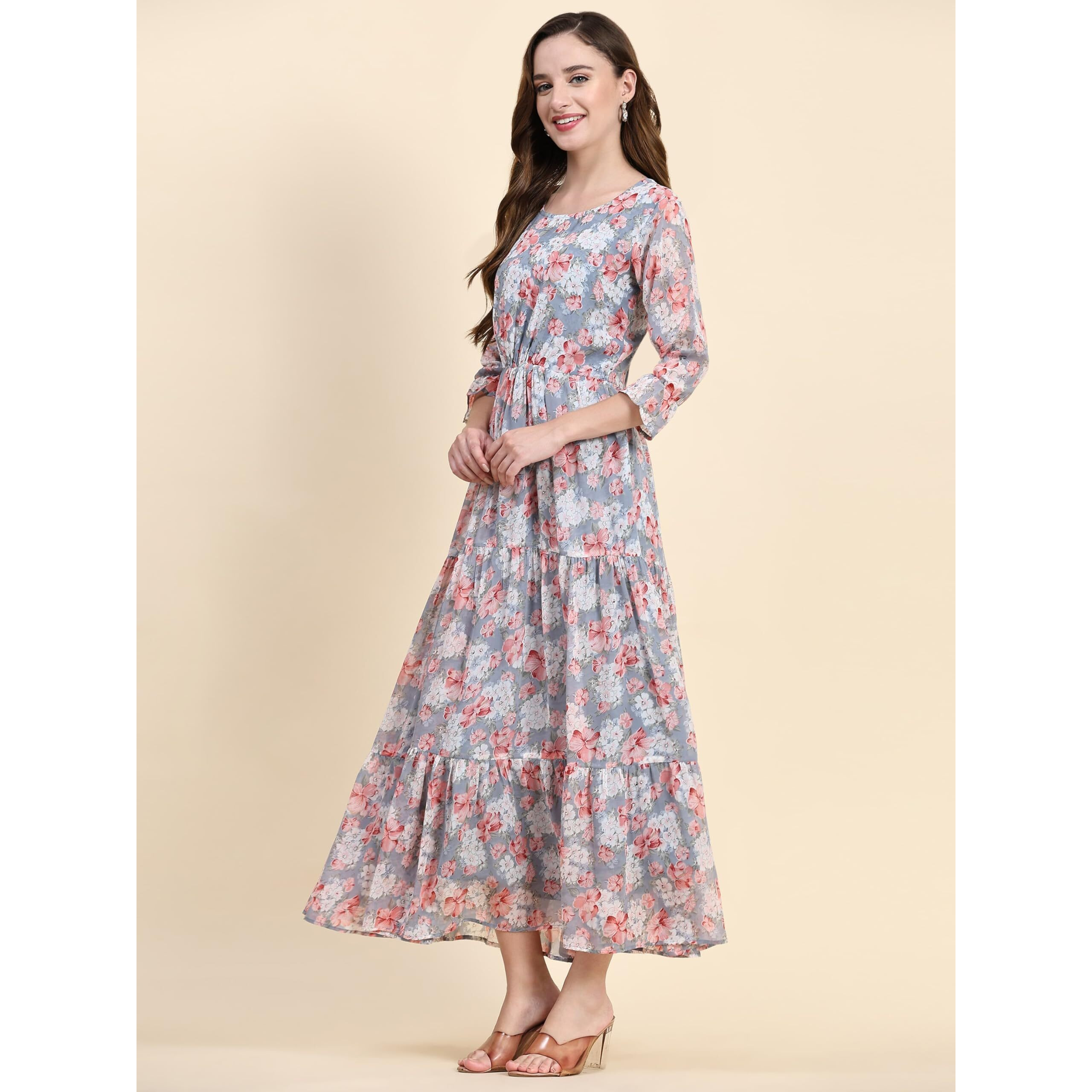 Toochki Women's Grey Georgette Floral Tiered Western Dress | Dress For Women | A Line Dress | Winter Dress | Western Dress | Latest Women Dress | Trendy Dress | Midi Dress