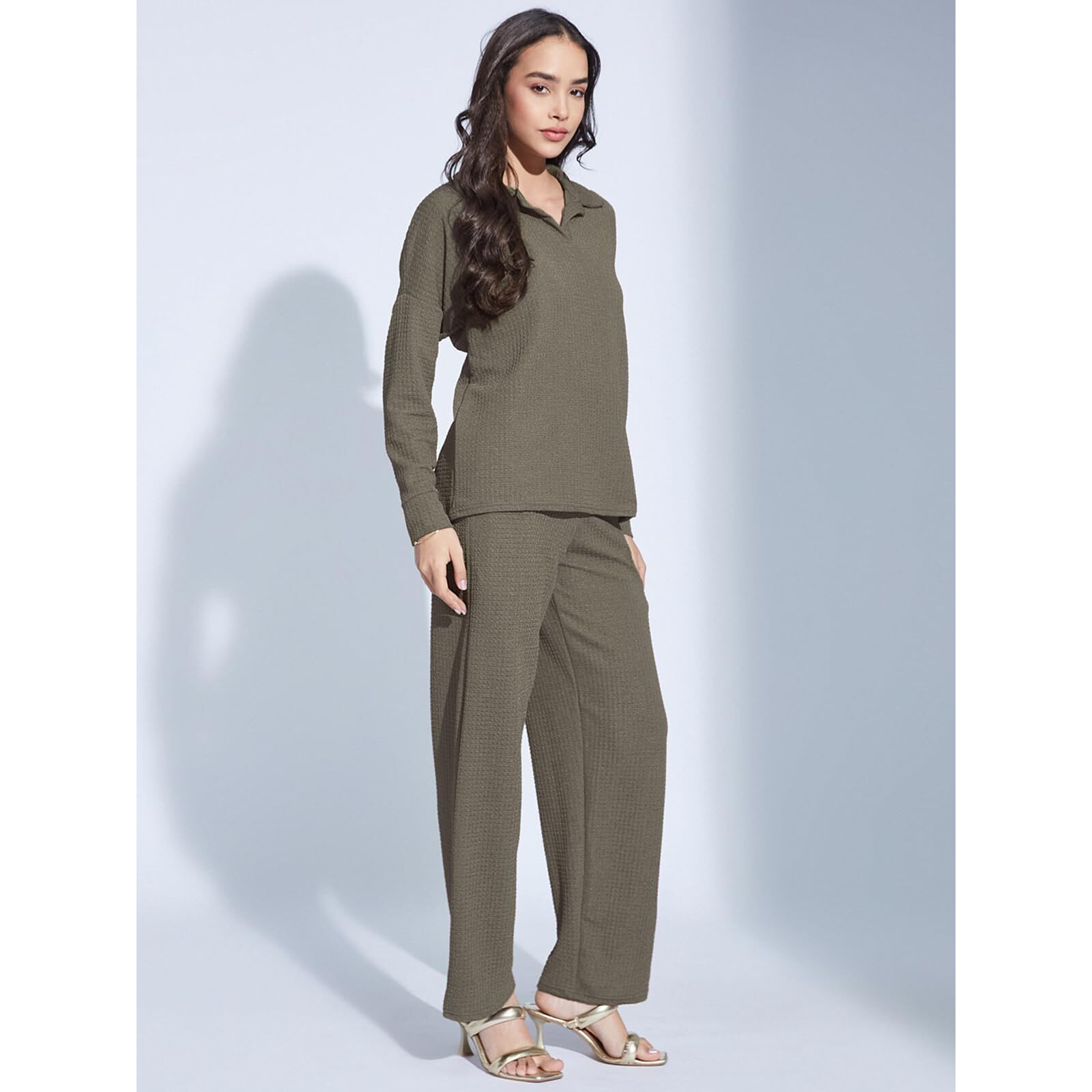 Selvia Women's Lycra Co-Ords Ankle Length Dress (758Ctk11872N-L_Army Brown