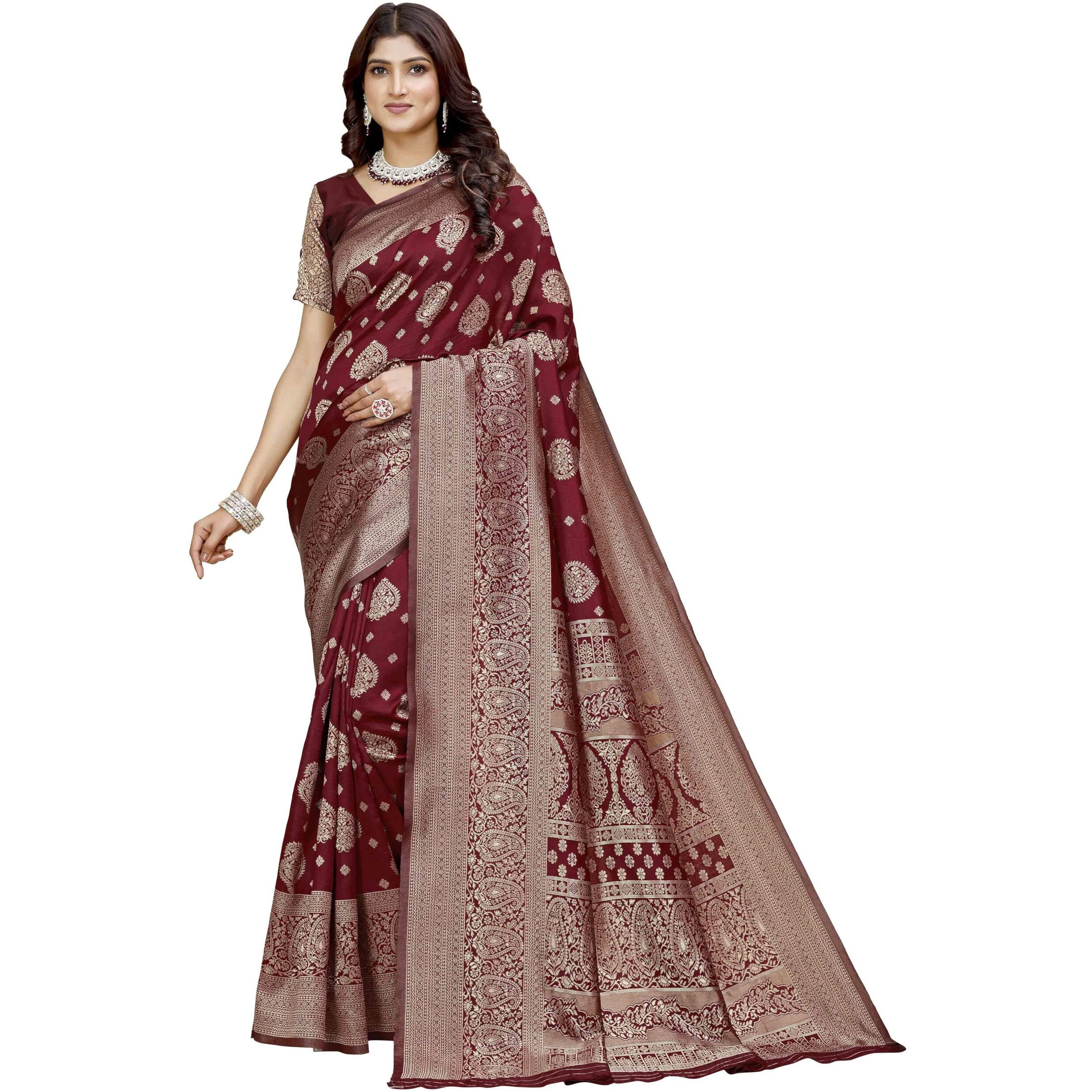 Shasmi Women's Banarasi Saree Pure Kanjivaram Silk Saree Soft New Ladies 2025 Design Wear Pattu Sarees Latest Party Sari Collections With Blouse Piece For Wedding Sadi (Pari-218 Maroon)