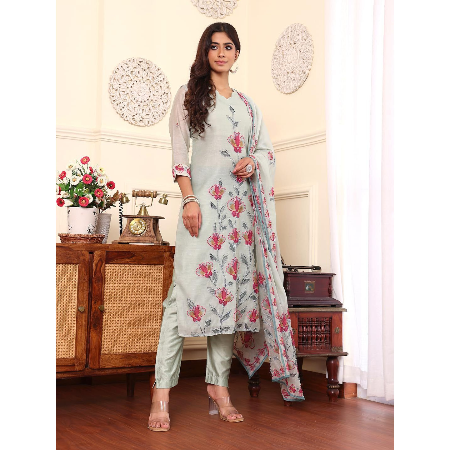 Varanga Women Aqua Blue Thread Embroidered Straight Kurta Set With Printed Dupatta