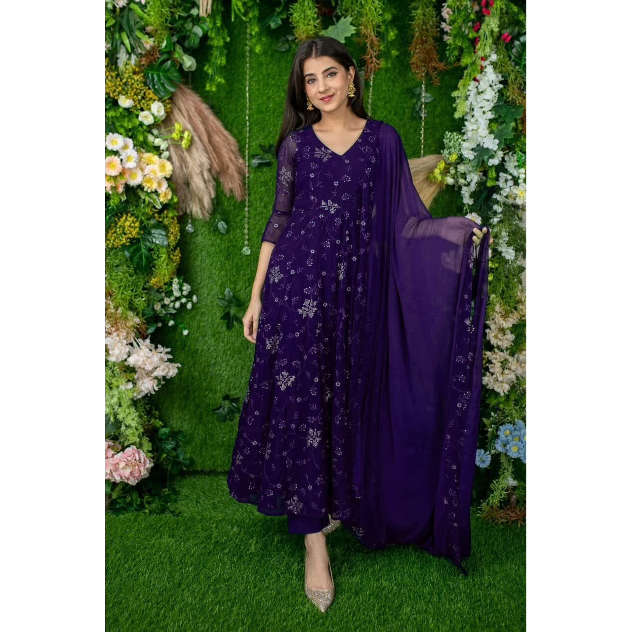 Xomantic Fashion Purple Color Georgette Embroidered Designer Anarkali Kurta Dupatta Set (X-Small, Purple) For Women