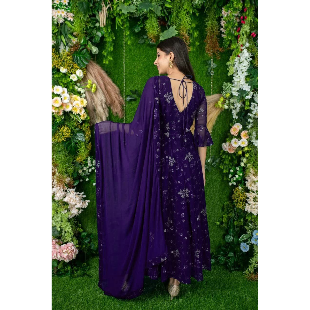 Xomantic Fashion Purple Color Georgette Embroidered Designer Anarkali Kurta Dupatta Set (X-Small, Purple) For Women