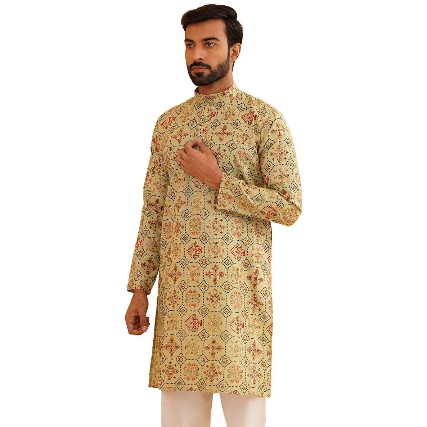 Sojanya (Since 1958 Men's Cotton Blend Pista Green Color Floral Design Only Long Kurta