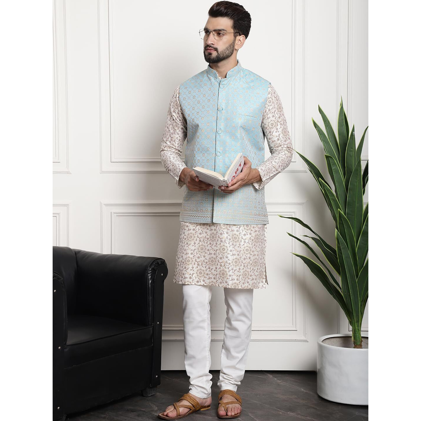 Sojanya (Since 1958 Men's Silk Blend Print Cream Kurta And Off-White Pyjama With Blue Nehrujacket