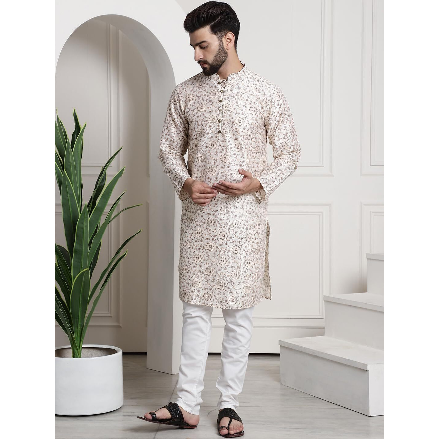 Sojanya (Since 1958 Men's Silk Blend Print Cream Kurta And Off-White Pyjama With Blue Nehrujacket
