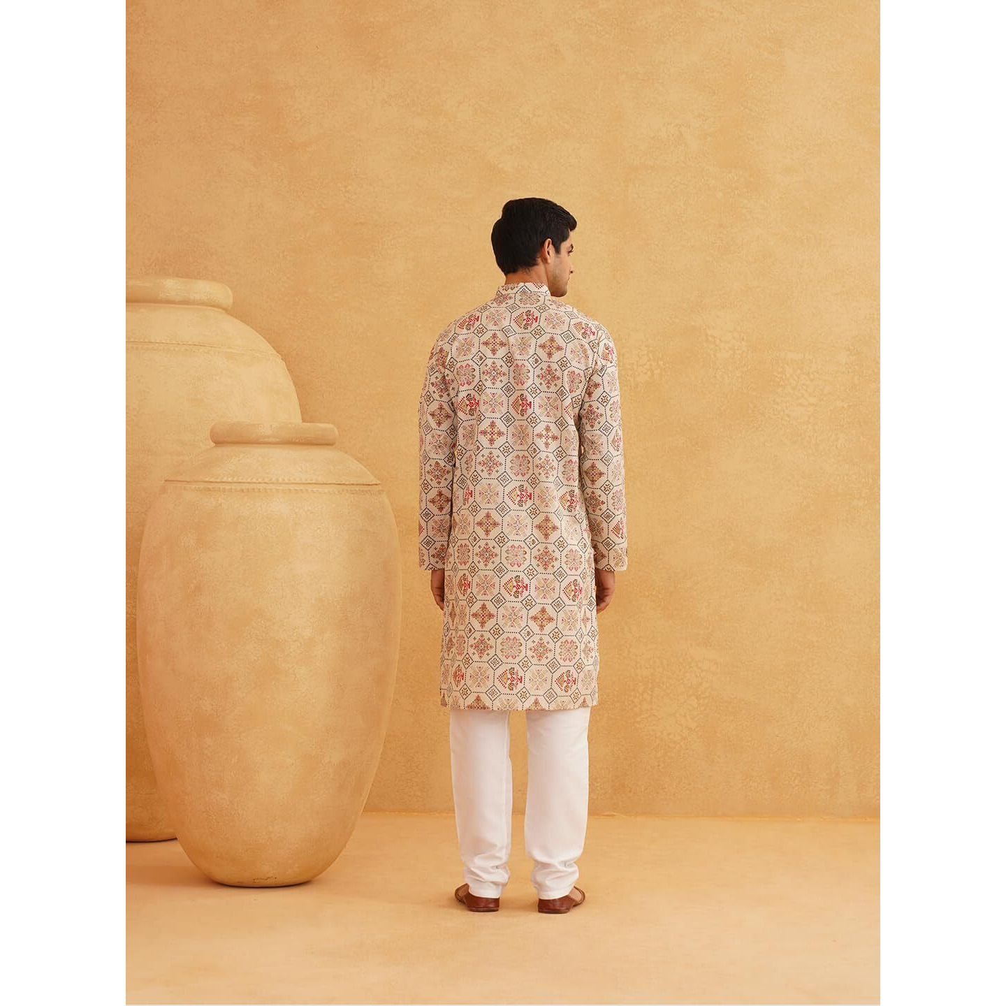 Sojanya (Since 1958 Men's Cotton Blend Cream Color Floral Design Only Long Kurta