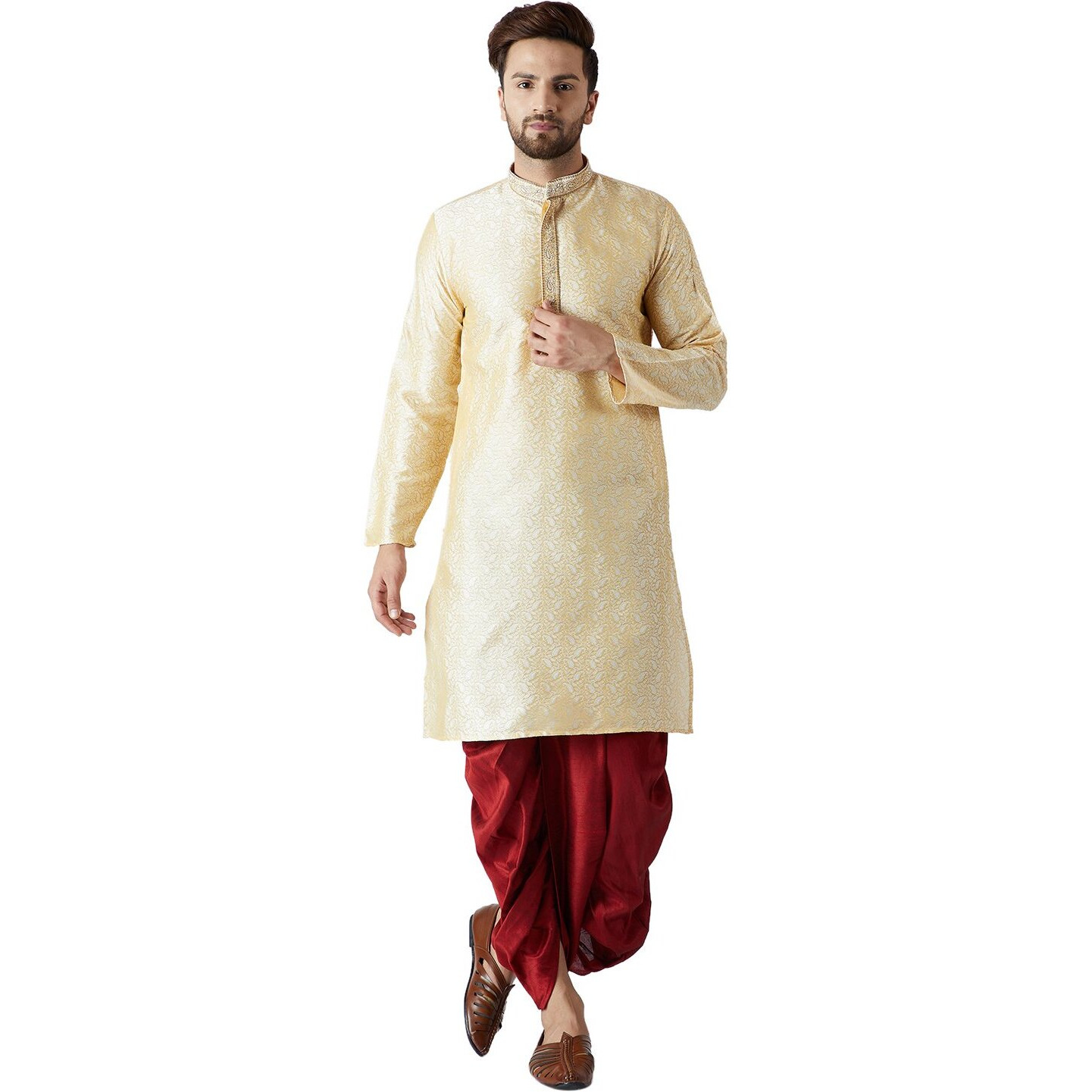 Sojanya (Since 1958, Men's Gold & Maroon Silk Dhoti Kurta Set, Size Xxl