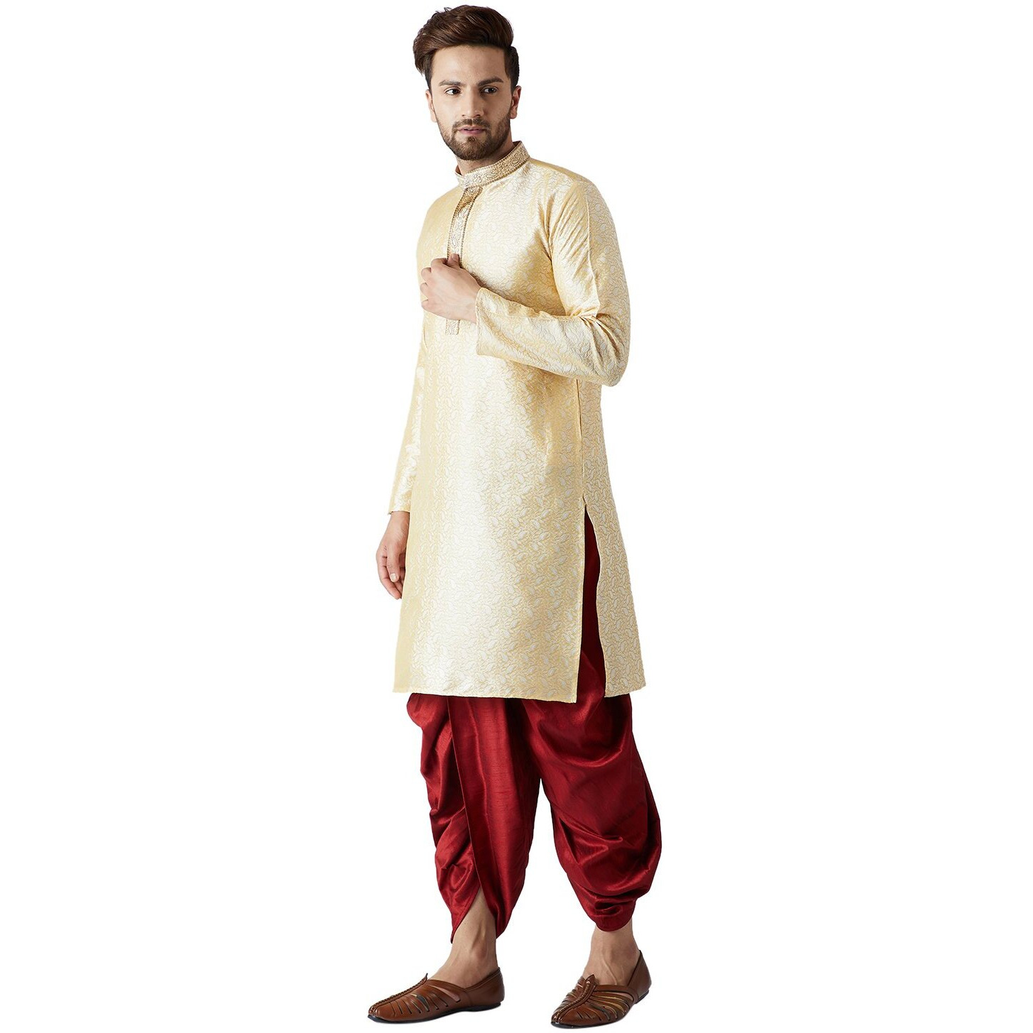Sojanya (Since 1958, Men's Gold & Maroon Silk Dhoti Kurta Set, Size Xxl